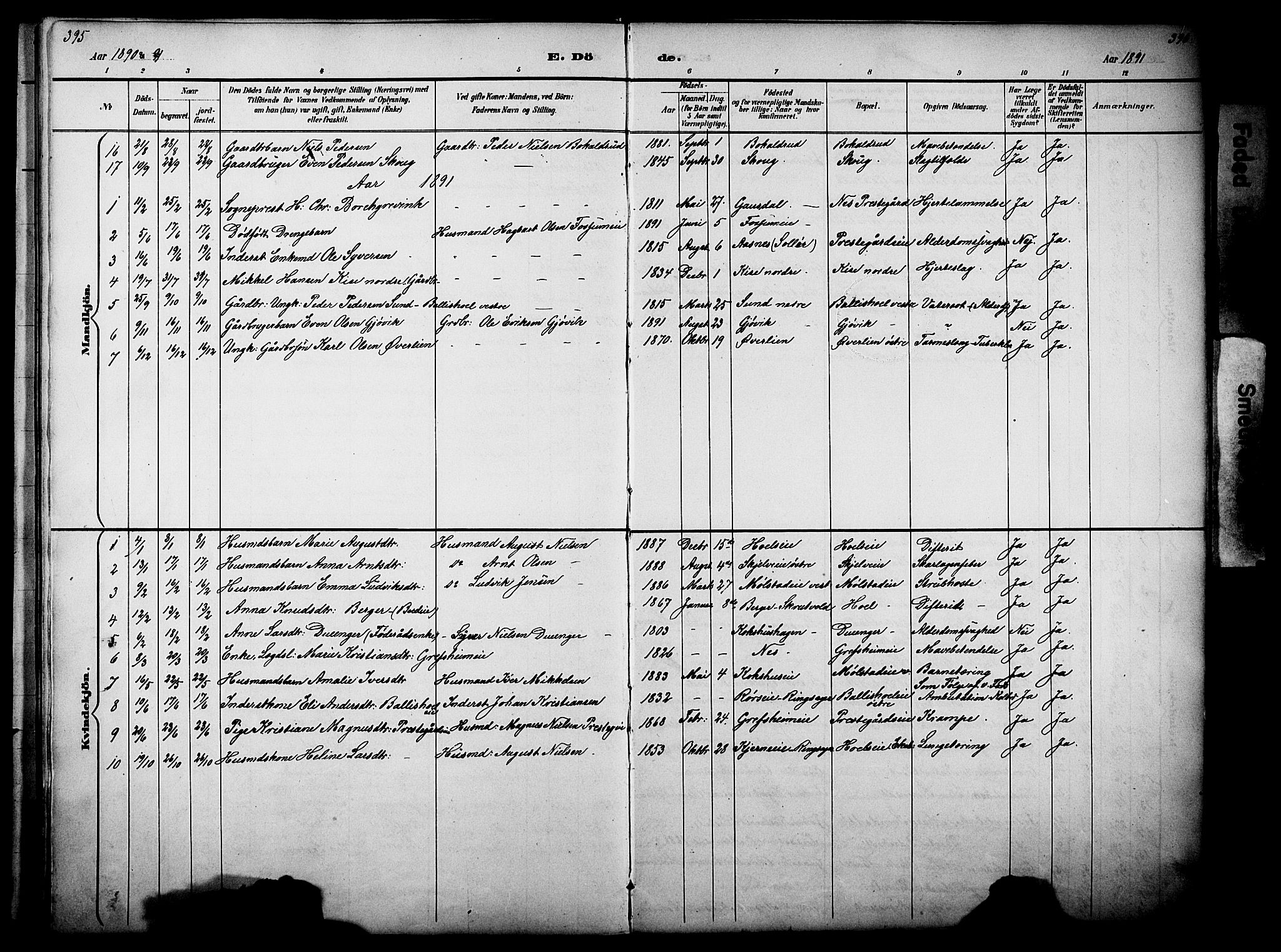 Nes prestekontor, Hedmark, AV/SAH-PREST-020/L/La/L0006: Parish register (copy) no. 6, 1890-1932, p. 395-396