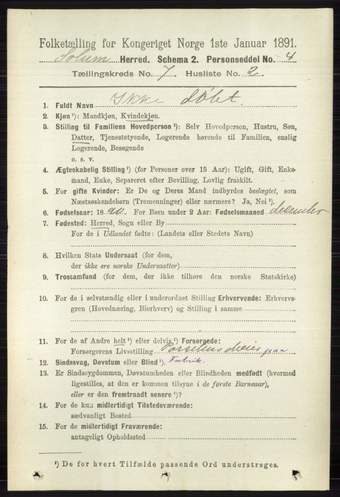 RA, 1891 census for 0818 Solum, 1891, p. 2720