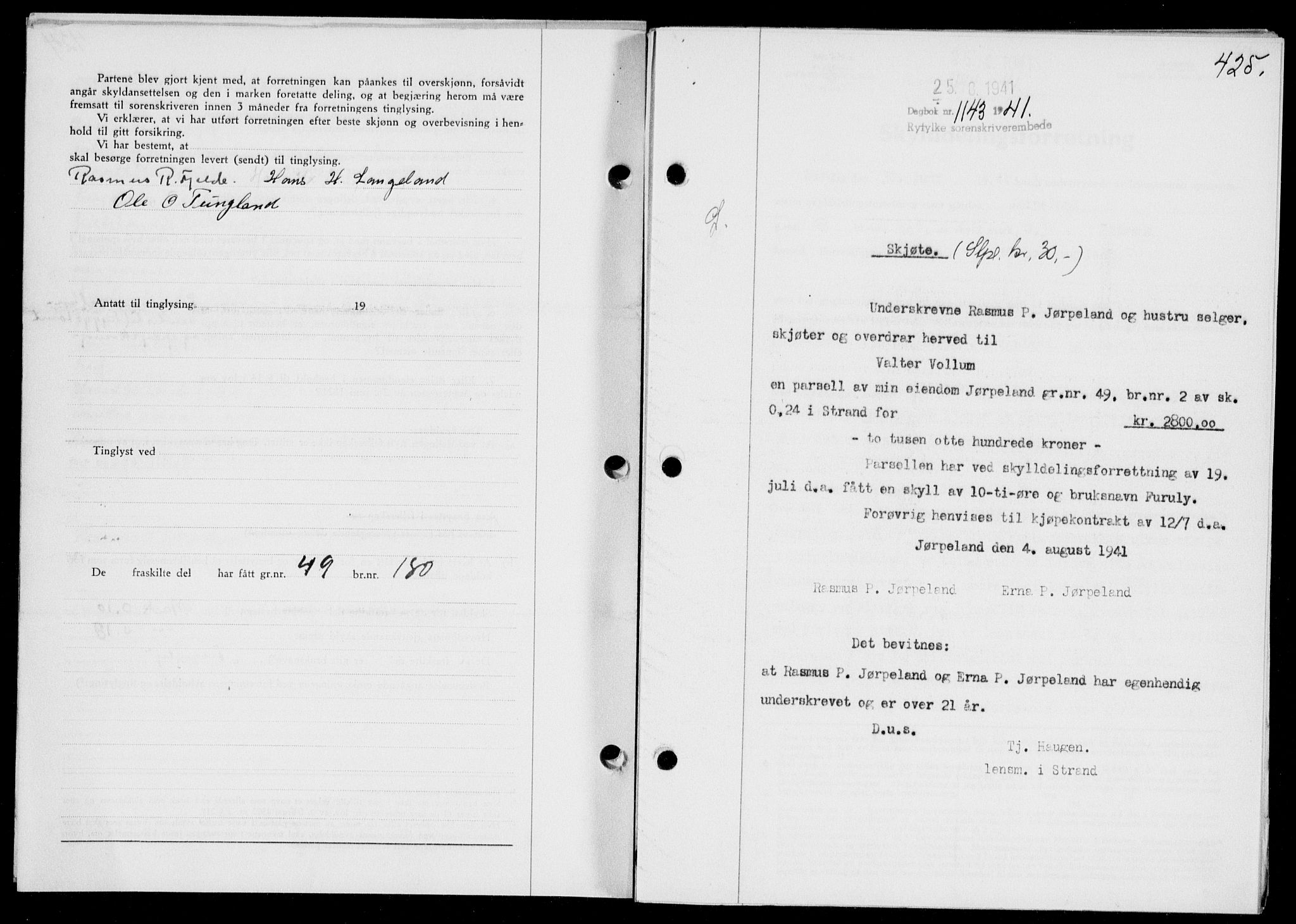 Ryfylke tingrett, SAST/A-100055/001/II/IIB/L0085: Mortgage book no. 64, 1941-1941, Diary no: : 1143/1941