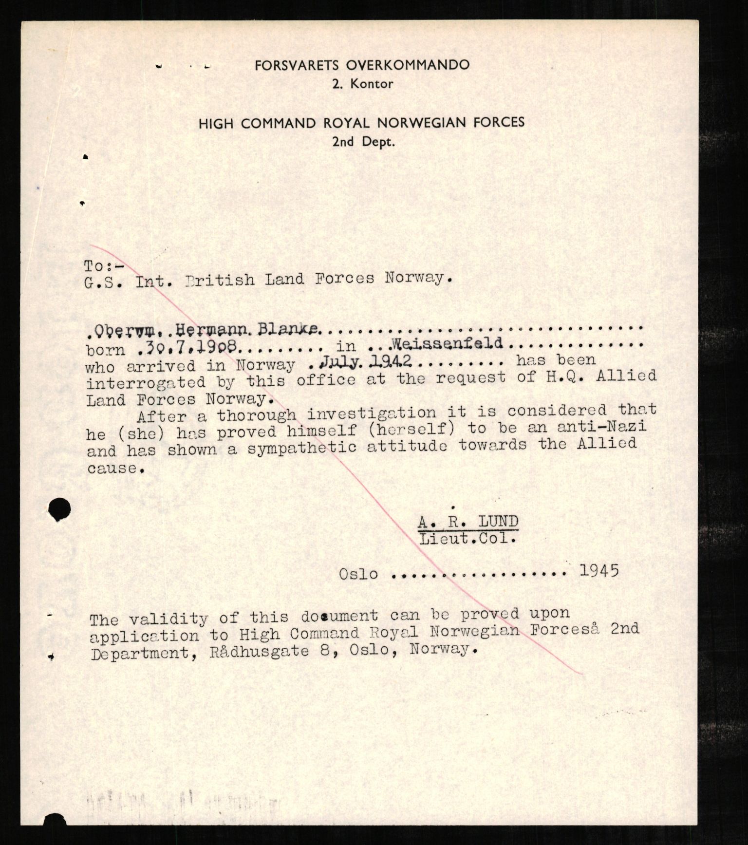 Forsvaret, Forsvarets overkommando II, RA/RAFA-3915/D/Db/L0003: CI Questionaires. Tyske okkupasjonsstyrker i Norge. Tyskere., 1945-1946, p. 272