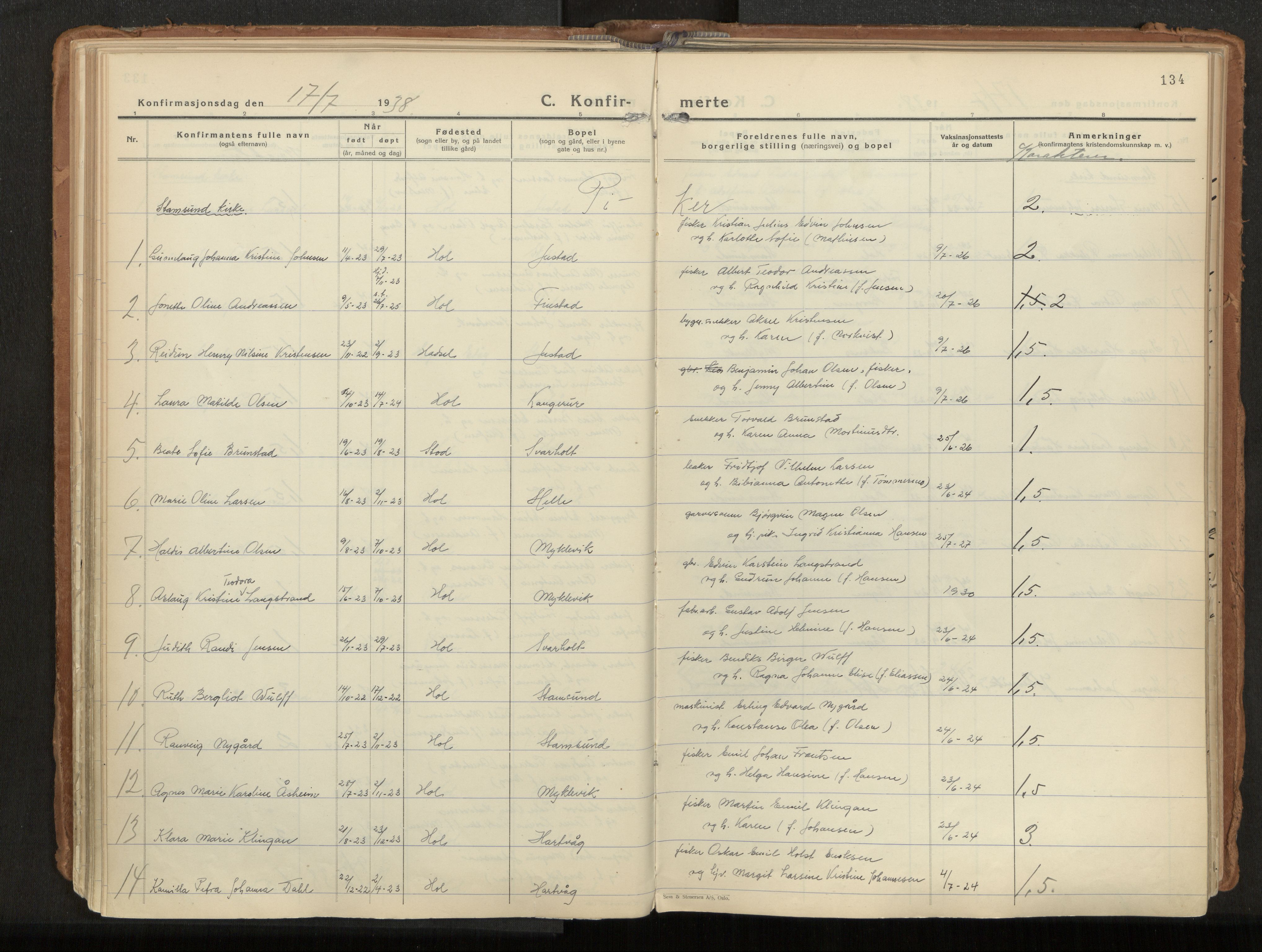 Ministerialprotokoller, klokkerbøker og fødselsregistre - Nordland, AV/SAT-A-1459/882/L1182: Parish register (official) no. 882A04, 1932-1950, p. 134