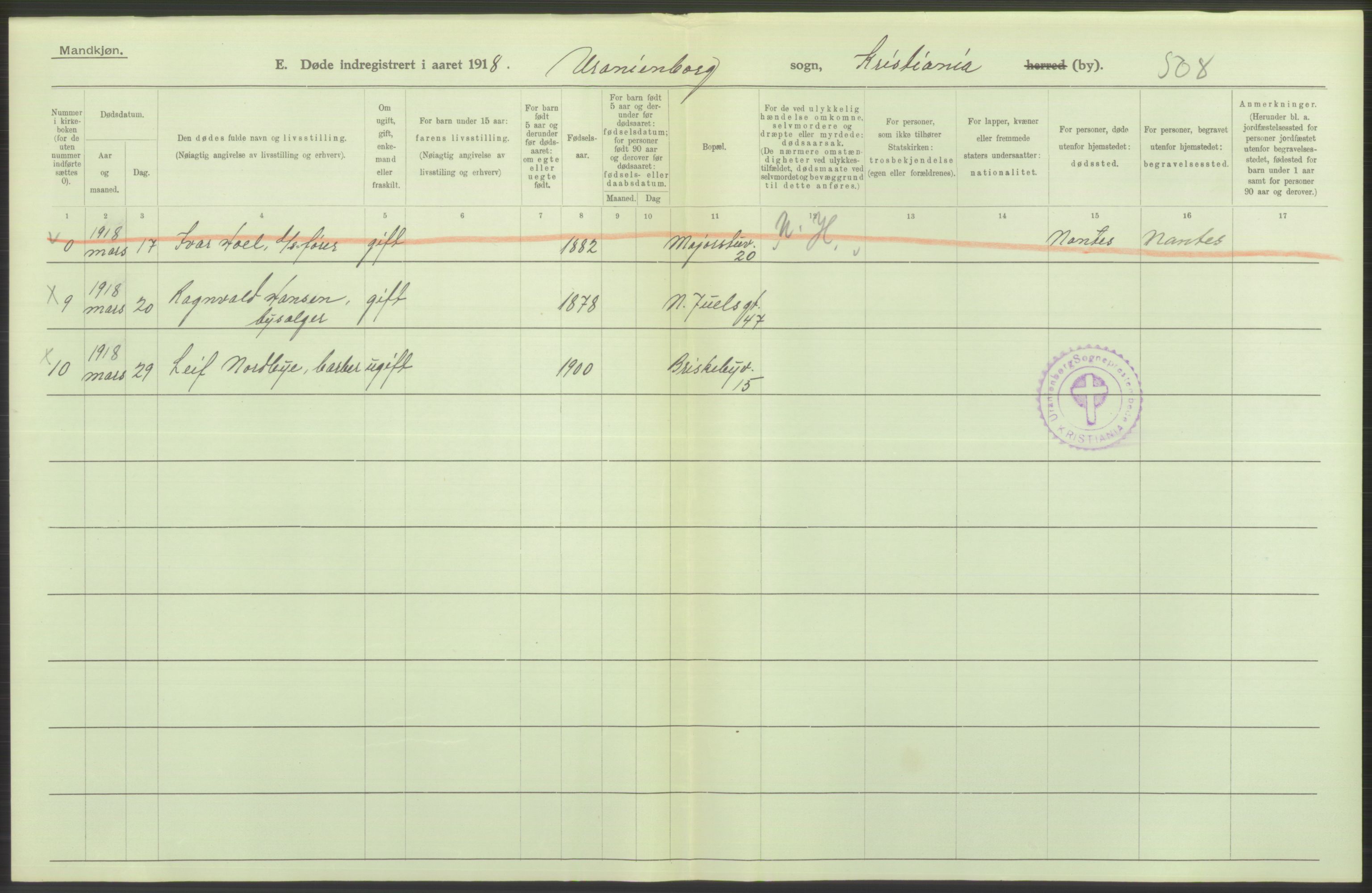 Statistisk sentralbyrå, Sosiodemografiske emner, Befolkning, AV/RA-S-2228/D/Df/Dfb/Dfbh/L0010: Kristiania: Døde, 1918, p. 186