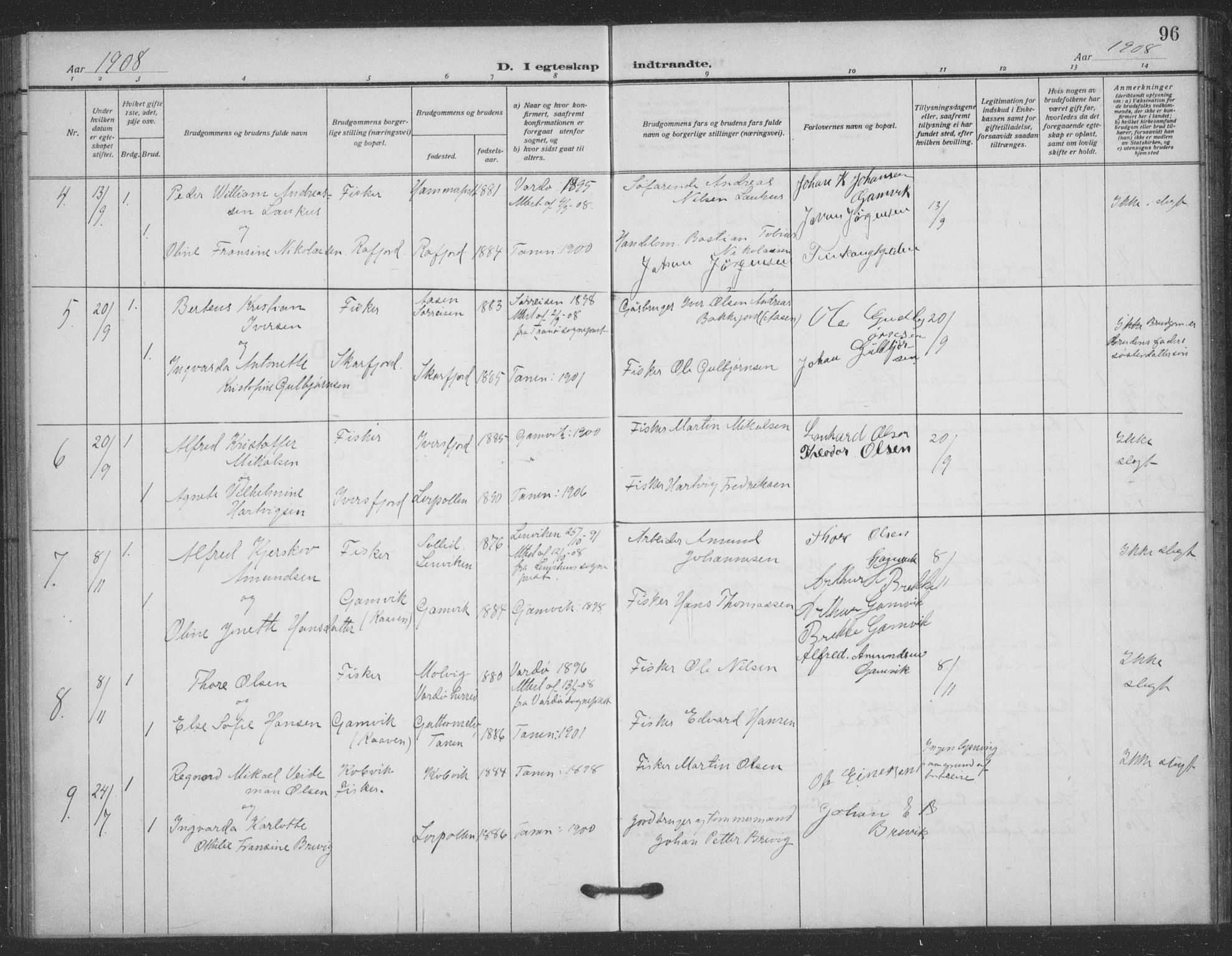 Tana sokneprestkontor, AV/SATØ-S-1334/H/Ha/L0008kirke: Parish register (official) no. 8, 1908-1920, p. 96