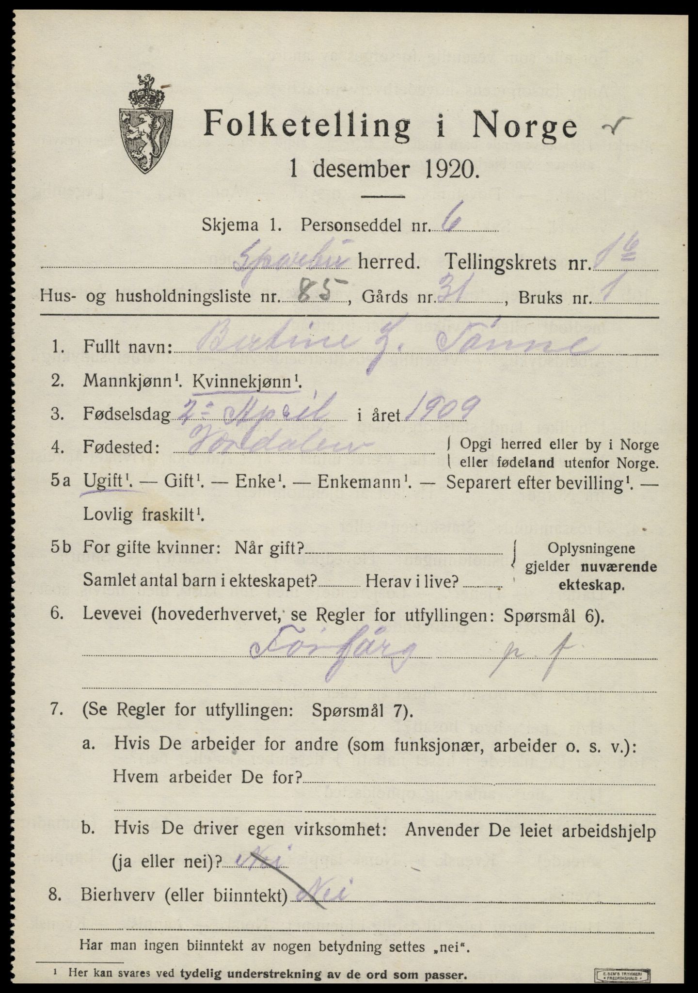 SAT, 1920 census for Sparbu, 1920, p. 3189