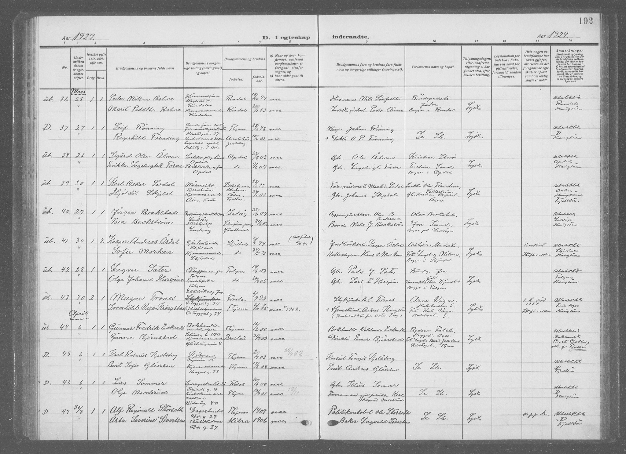 Ministerialprotokoller, klokkerbøker og fødselsregistre - Sør-Trøndelag, SAT/A-1456/601/L0098: Parish register (copy) no. 601C16, 1921-1934, p. 192