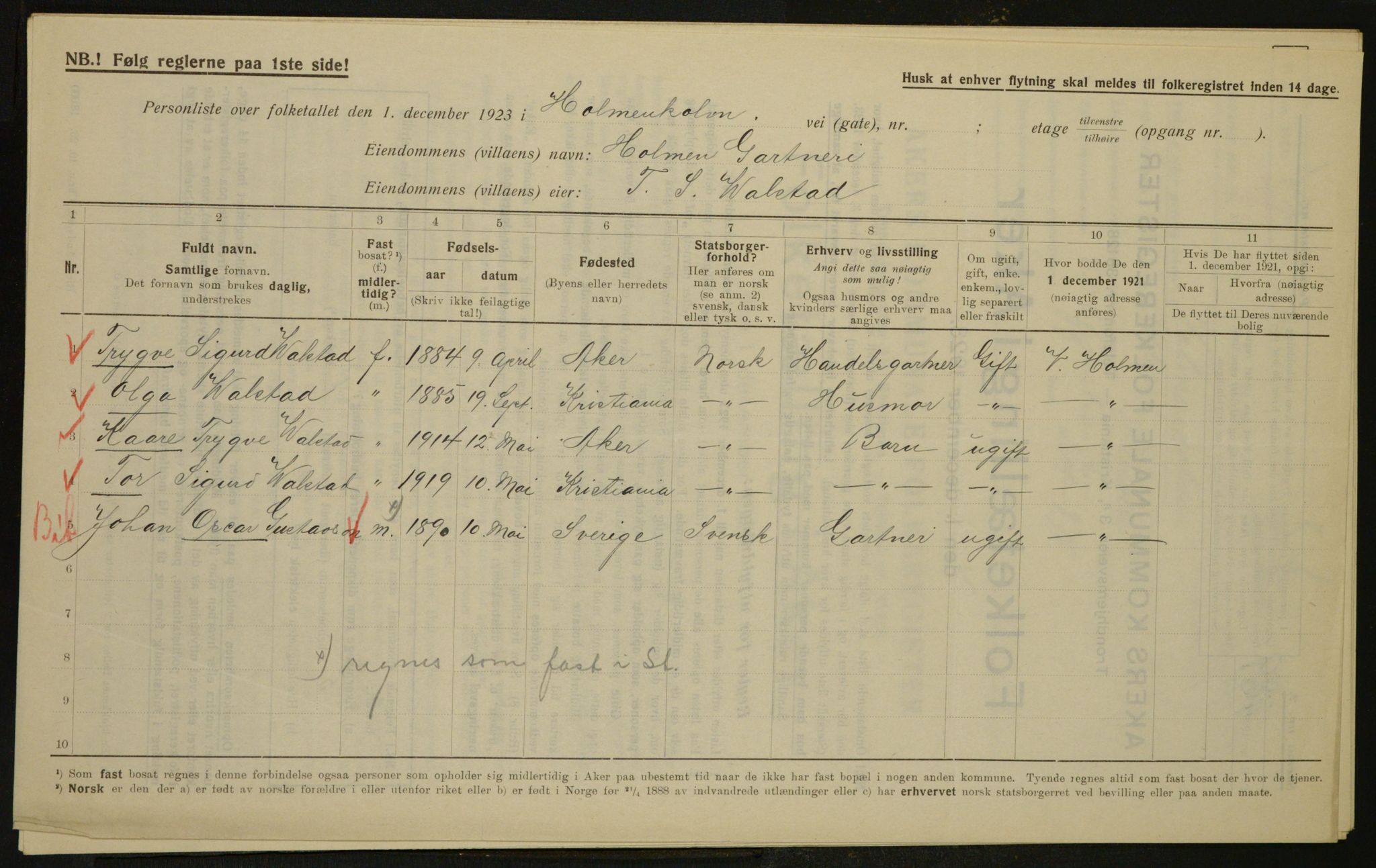 , Municipal Census 1923 for Aker, 1923, p. 2962