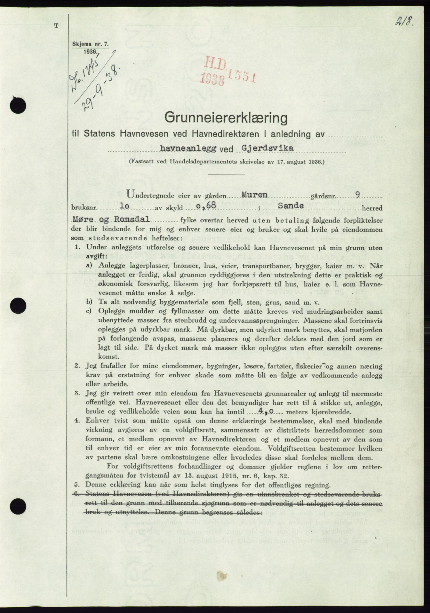 Søre Sunnmøre sorenskriveri, AV/SAT-A-4122/1/2/2C/L0066: Mortgage book no. 60, 1938-1938, Diary no: : 1345/1938