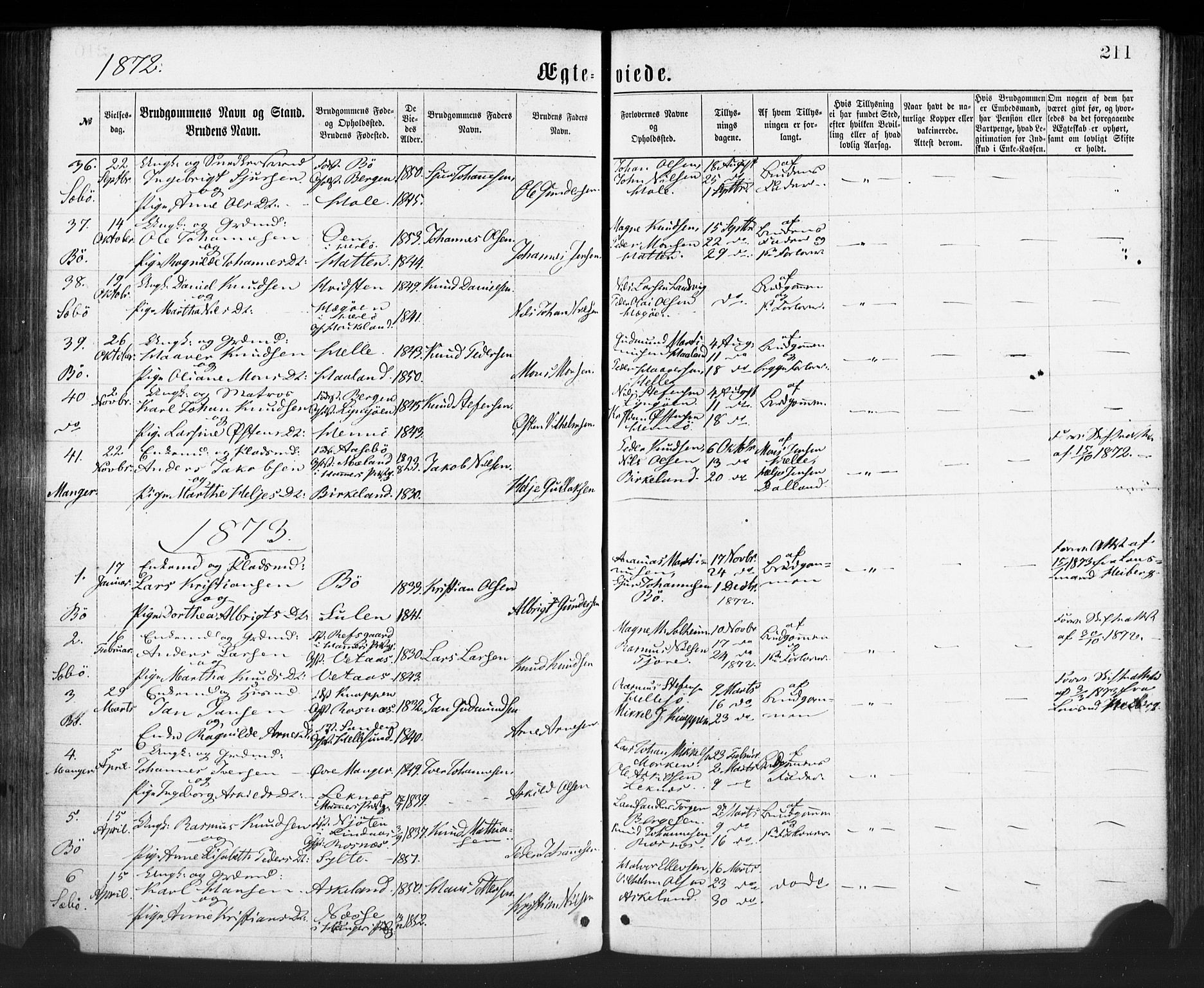 Manger sokneprestembete, AV/SAB-A-76801/H/Haa: Parish register (official) no. A 8, 1871-1880, p. 211