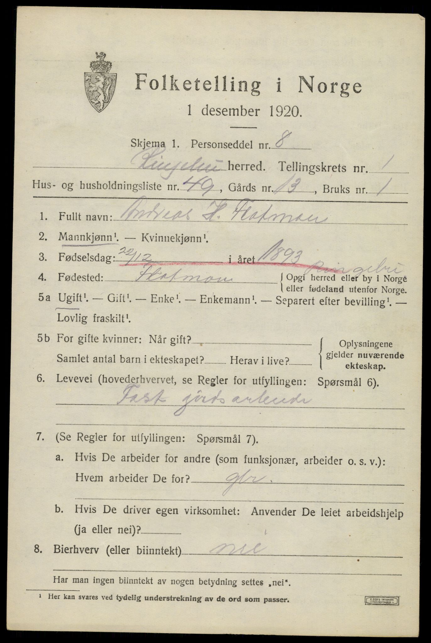 SAH, 1920 census for Ringebu, 1920, p. 2121