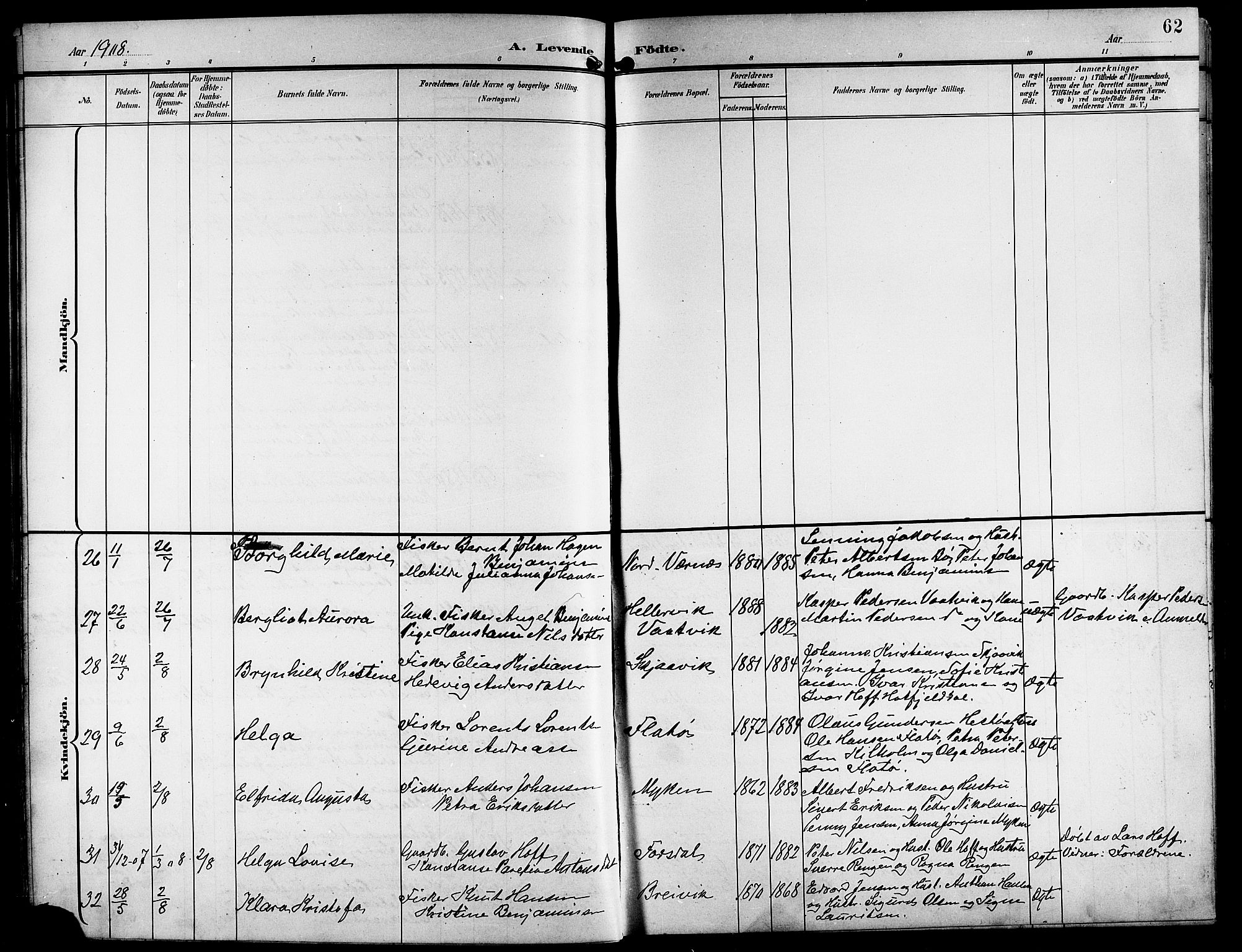 Ministerialprotokoller, klokkerbøker og fødselsregistre - Nordland, AV/SAT-A-1459/841/L0621: Parish register (copy) no. 841C05, 1897-1923, p. 62