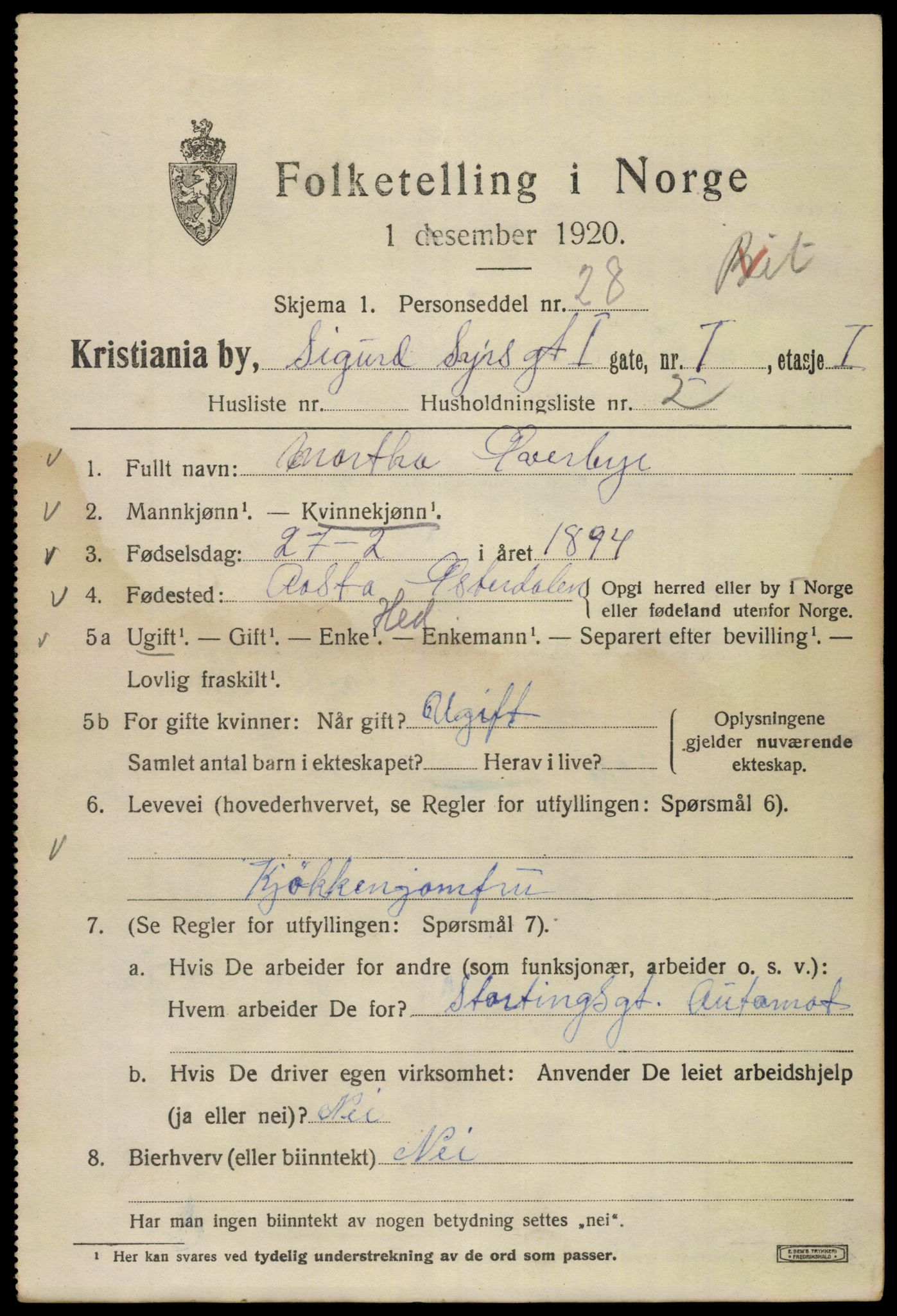 SAO, 1920 census for Kristiania, 1920, p. 510075