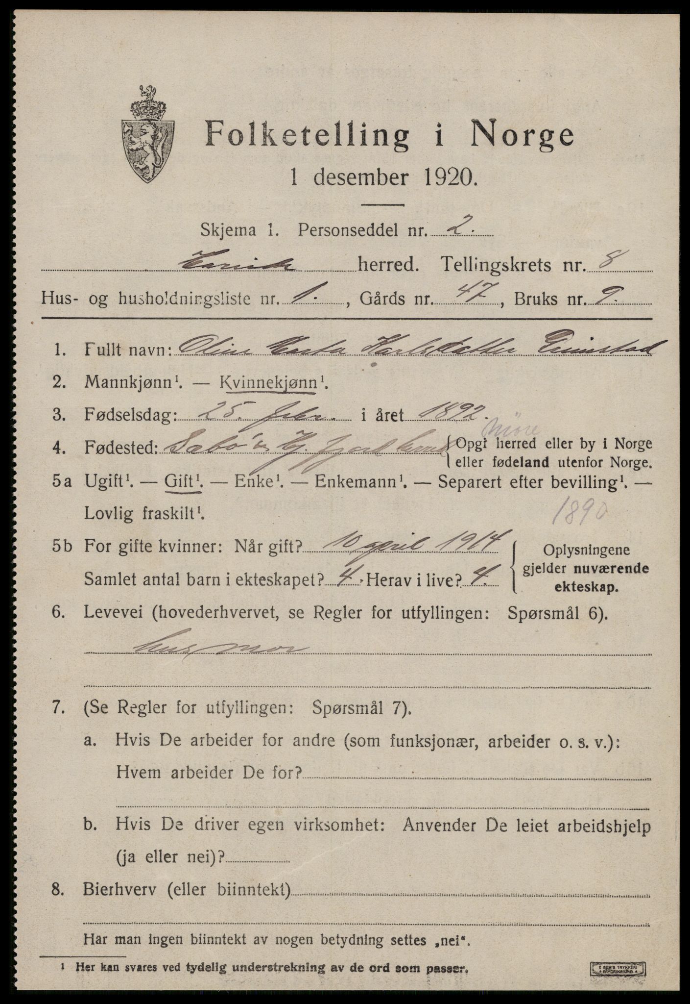 SAT, 1920 census for Hareid, 1920, p. 2761