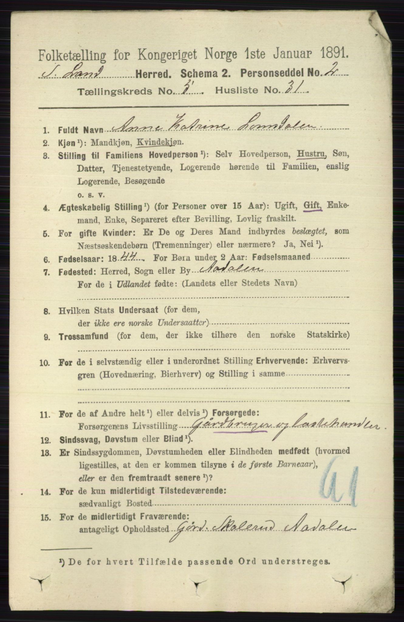RA, 1891 census for 0536 Søndre Land, 1891, p. 5010