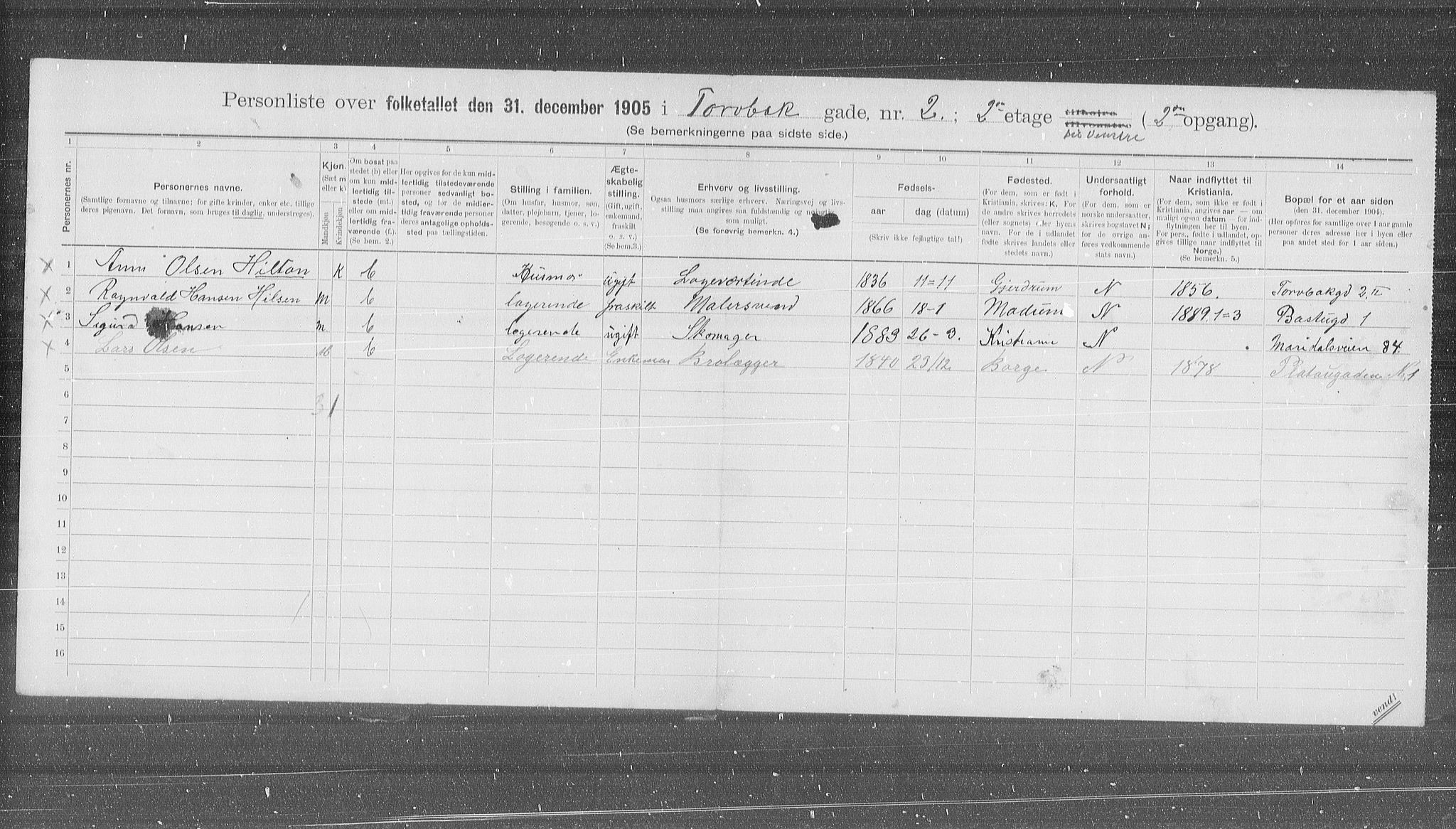 OBA, Municipal Census 1905 for Kristiania, 1905, p. 60157