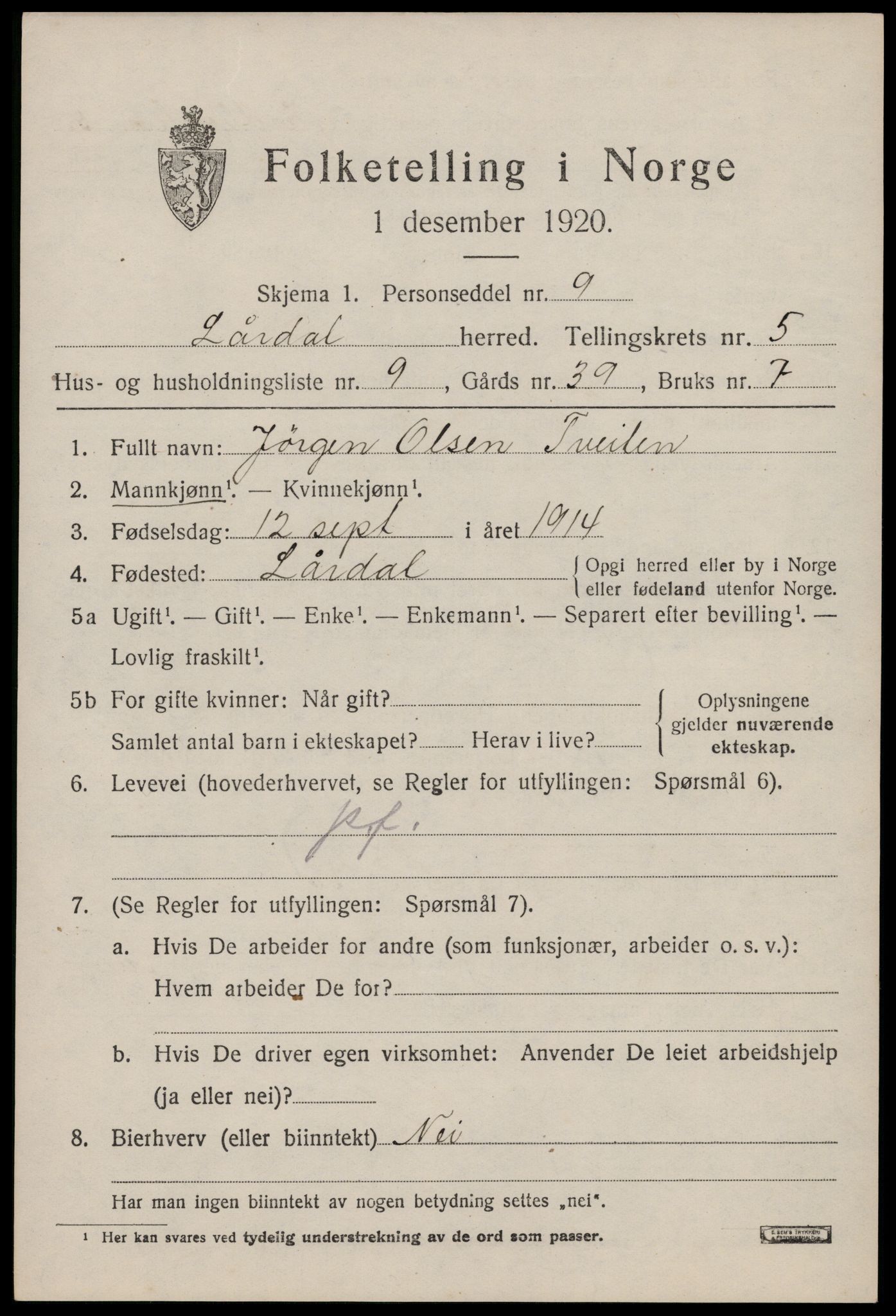 SAKO, 1920 census for Lårdal, 1920, p. 2515