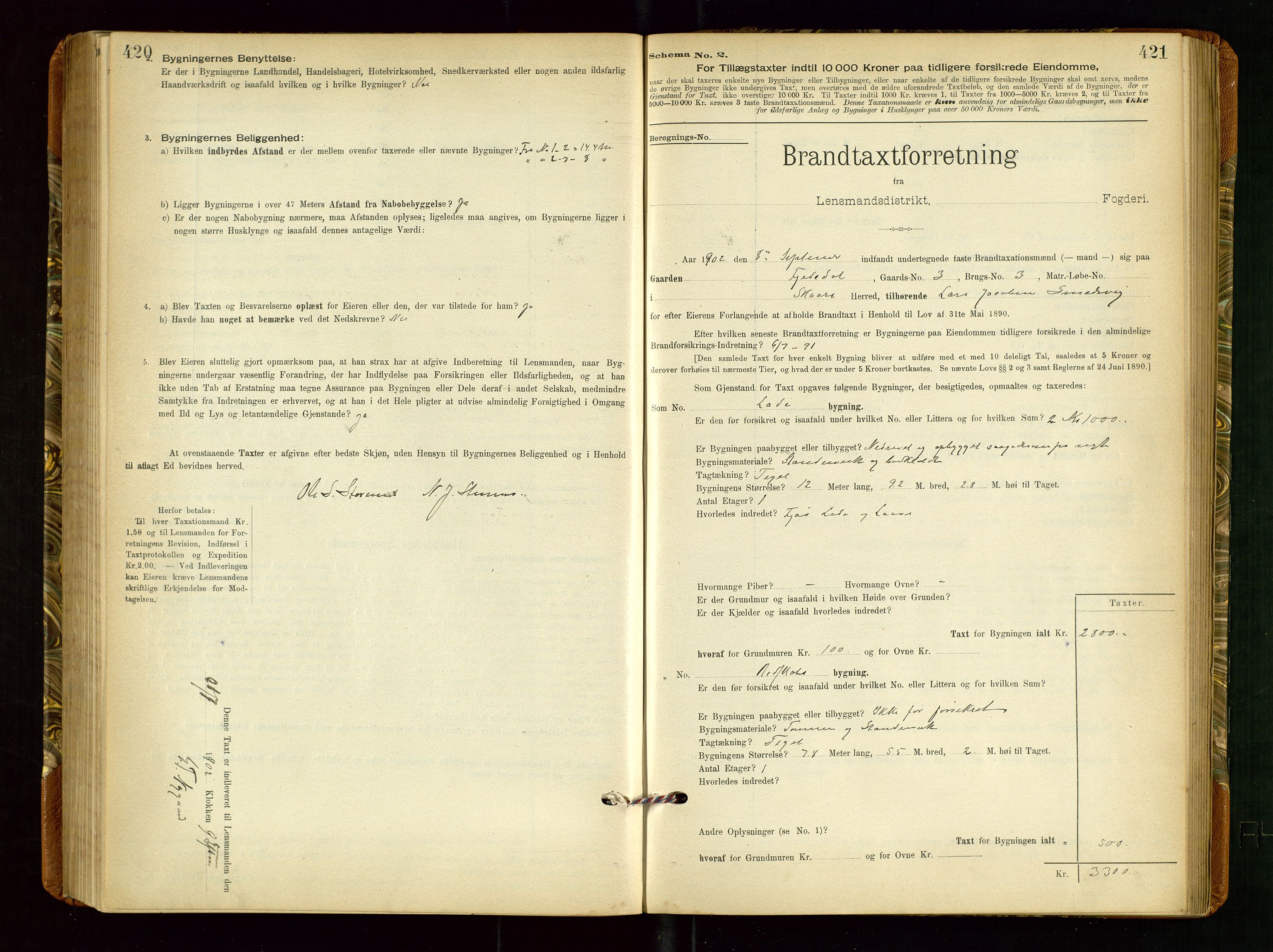 Torvestad lensmannskontor, SAST/A-100307/1/Gob/L0002: "Brandtakstprotokol for Lensmanden i Torvestad", 1900-1905, p. 420-421