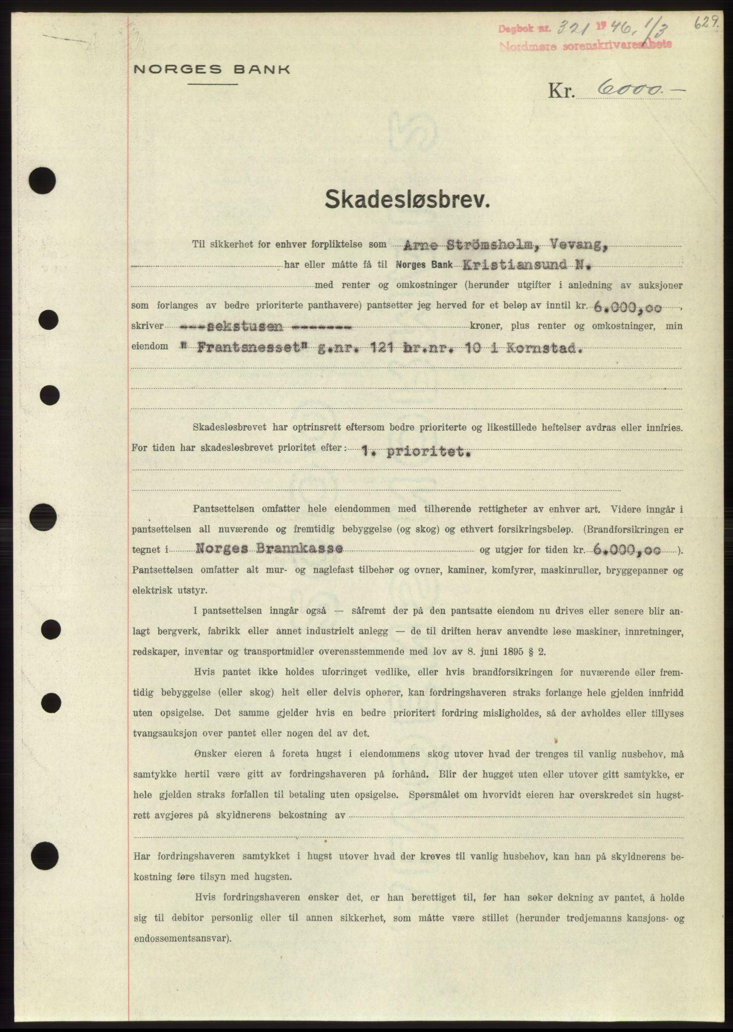 Nordmøre sorenskriveri, AV/SAT-A-4132/1/2/2Ca: Mortgage book no. B93b, 1946-1946, Diary no: : 321/1946