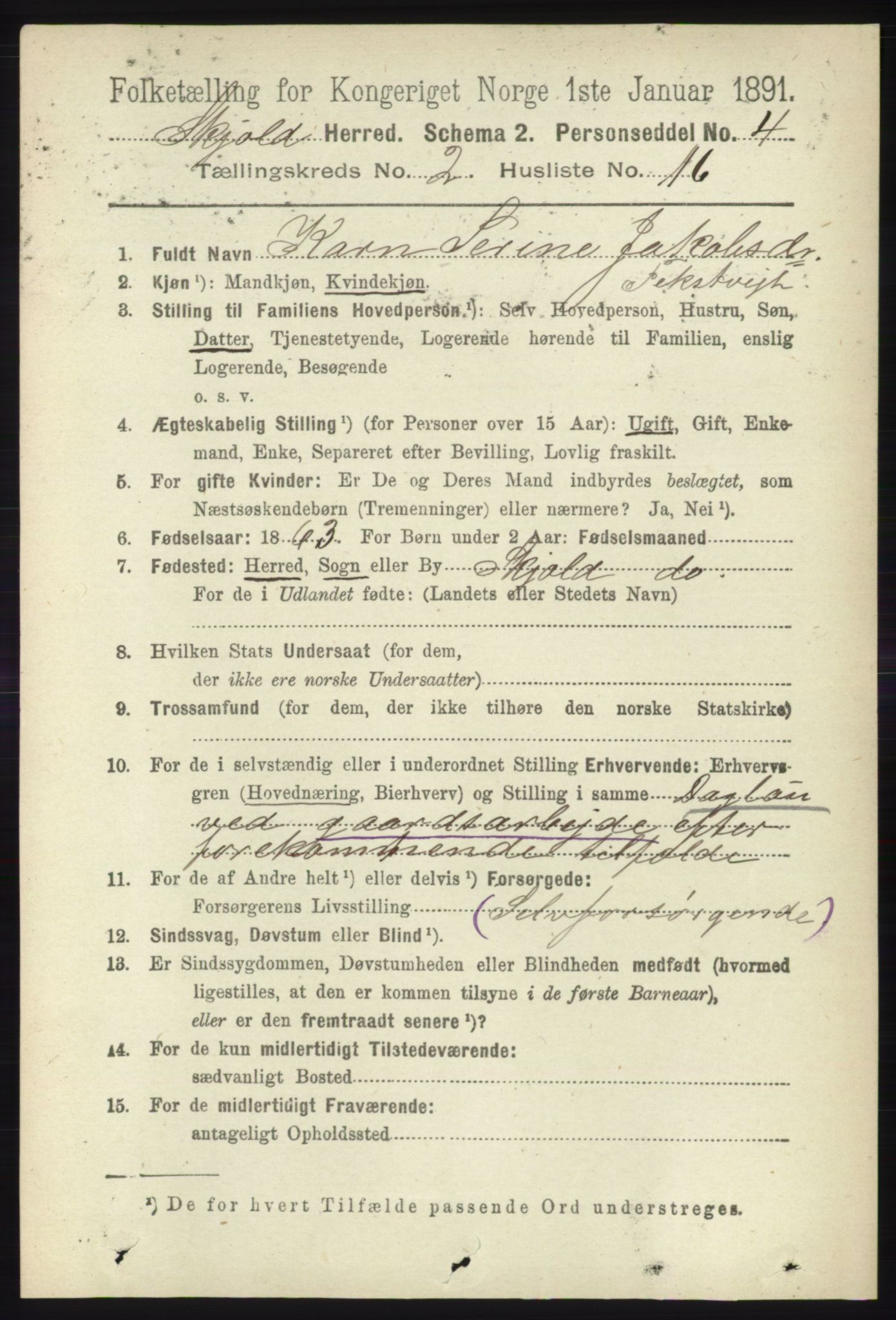 RA, 1891 census for 1154 Skjold, 1891, p. 355