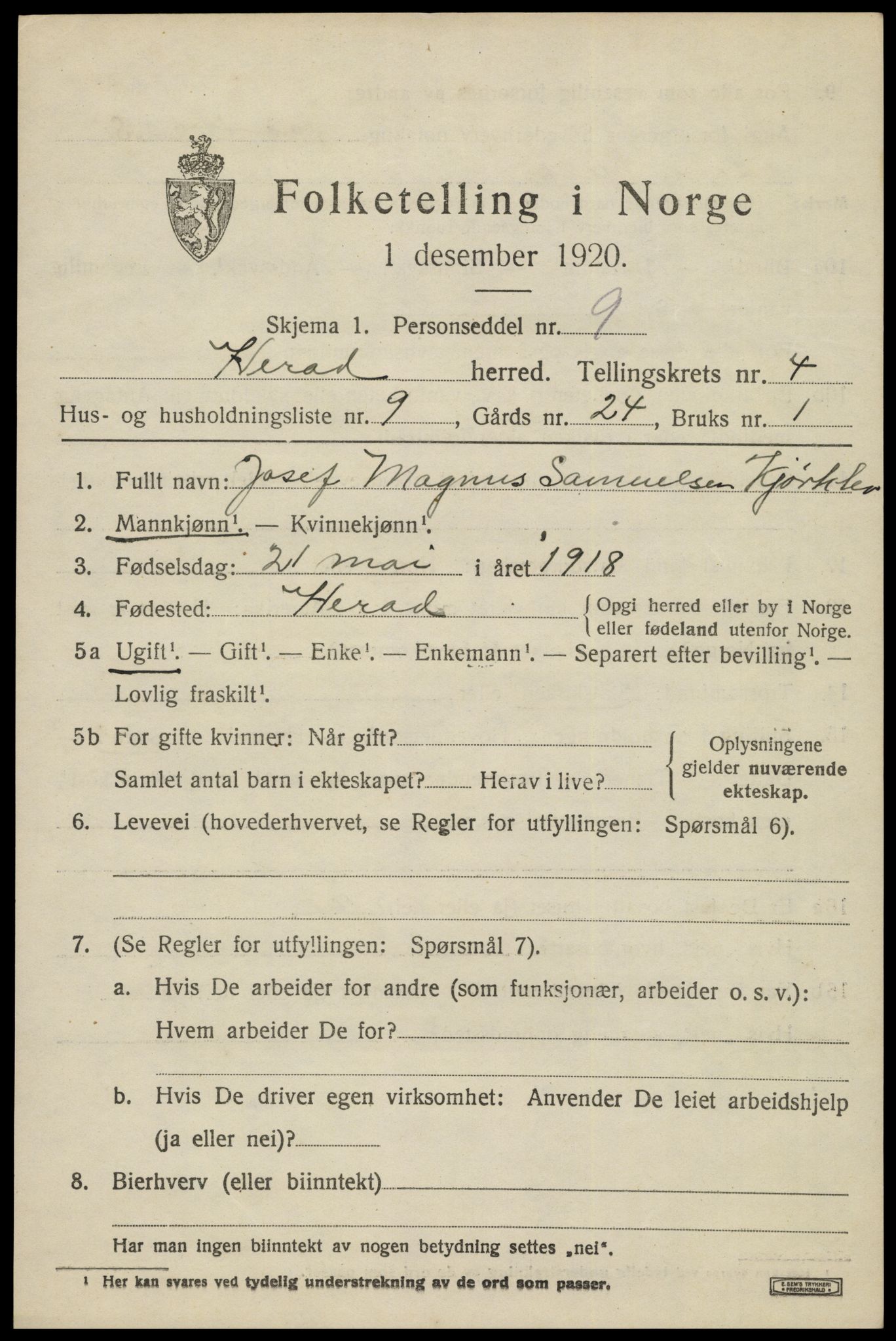 SAK, 1920 census for Herad, 1920, p. 1762