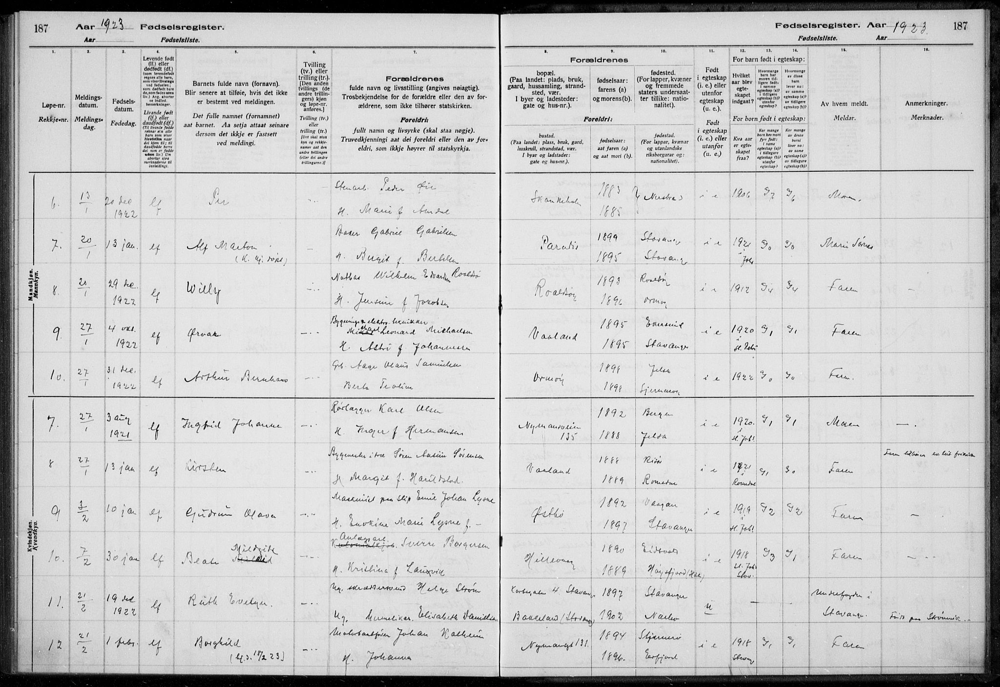 Hetland sokneprestkontor, AV/SAST-A-101826/70/704BA/L0003: Birth register no. 1, 1916-1923, p. 187