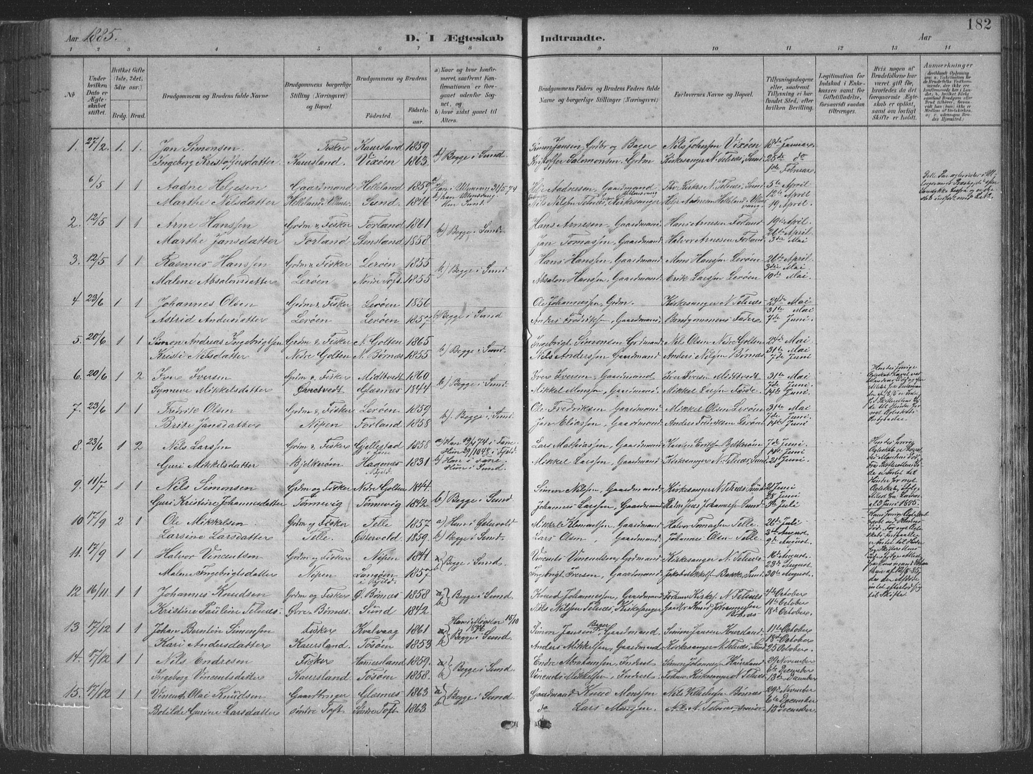 Sund sokneprestembete, SAB/A-99930: Parish register (copy) no. B 3, 1882-1911, p. 182
