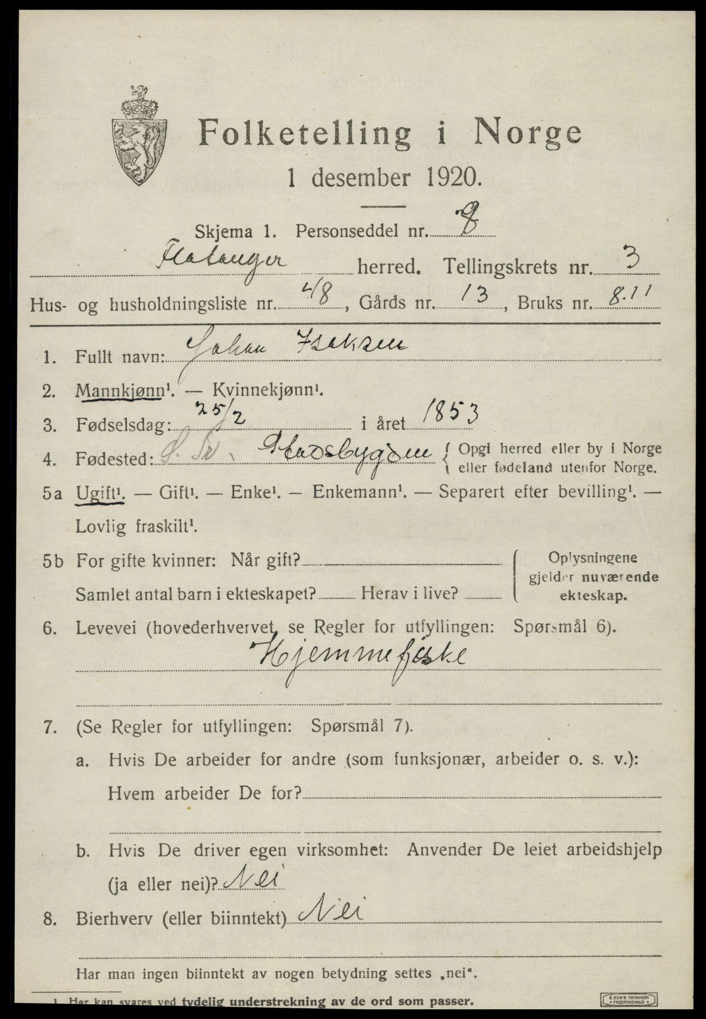 SAT, 1920 census for Flatanger, 1920, p. 2178