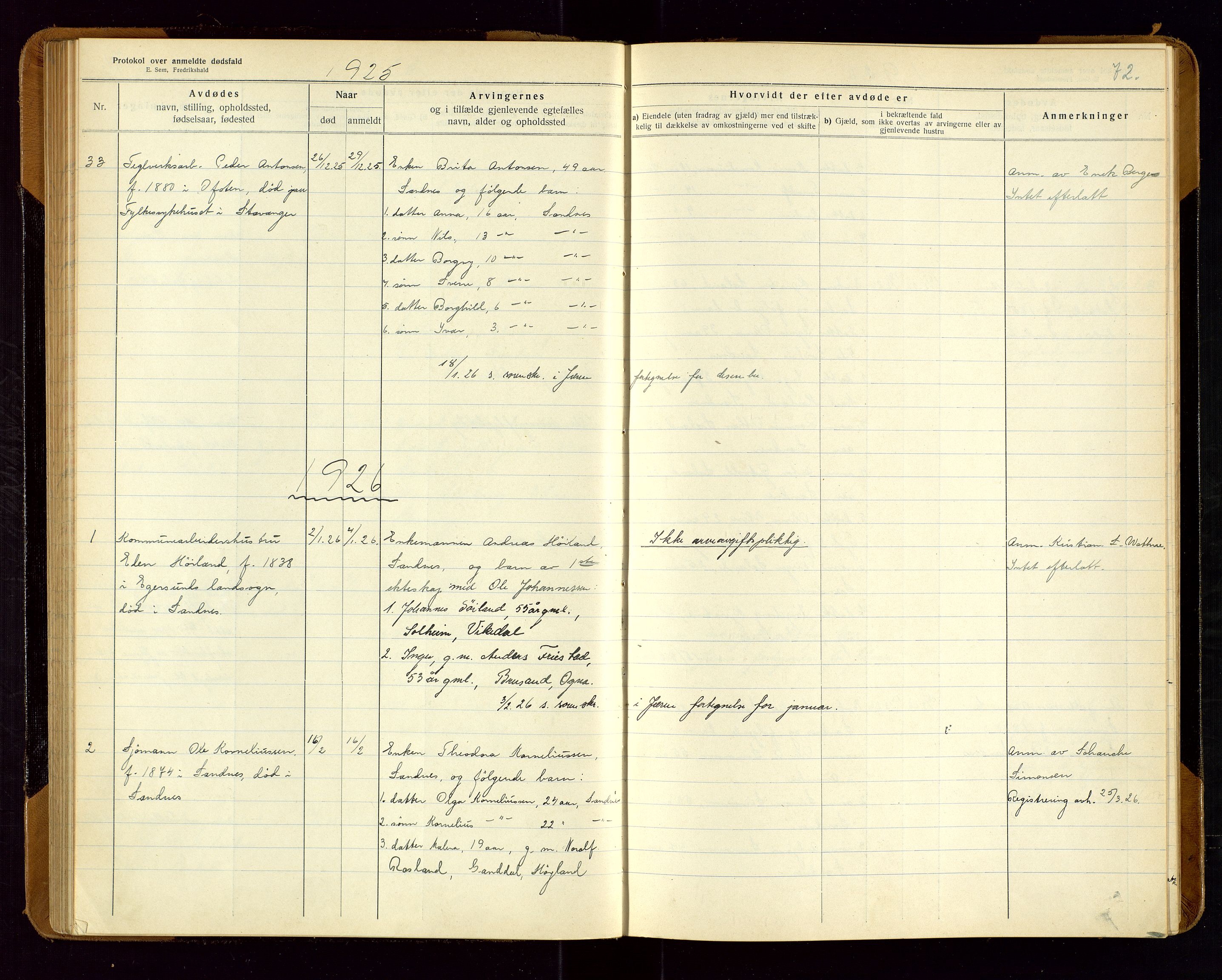 Sandnes lensmannskontor, SAST/A-100167/Gga/L0001: "Protokol over anmeldte dødsfald" m/register, 1918-1940, p. 72