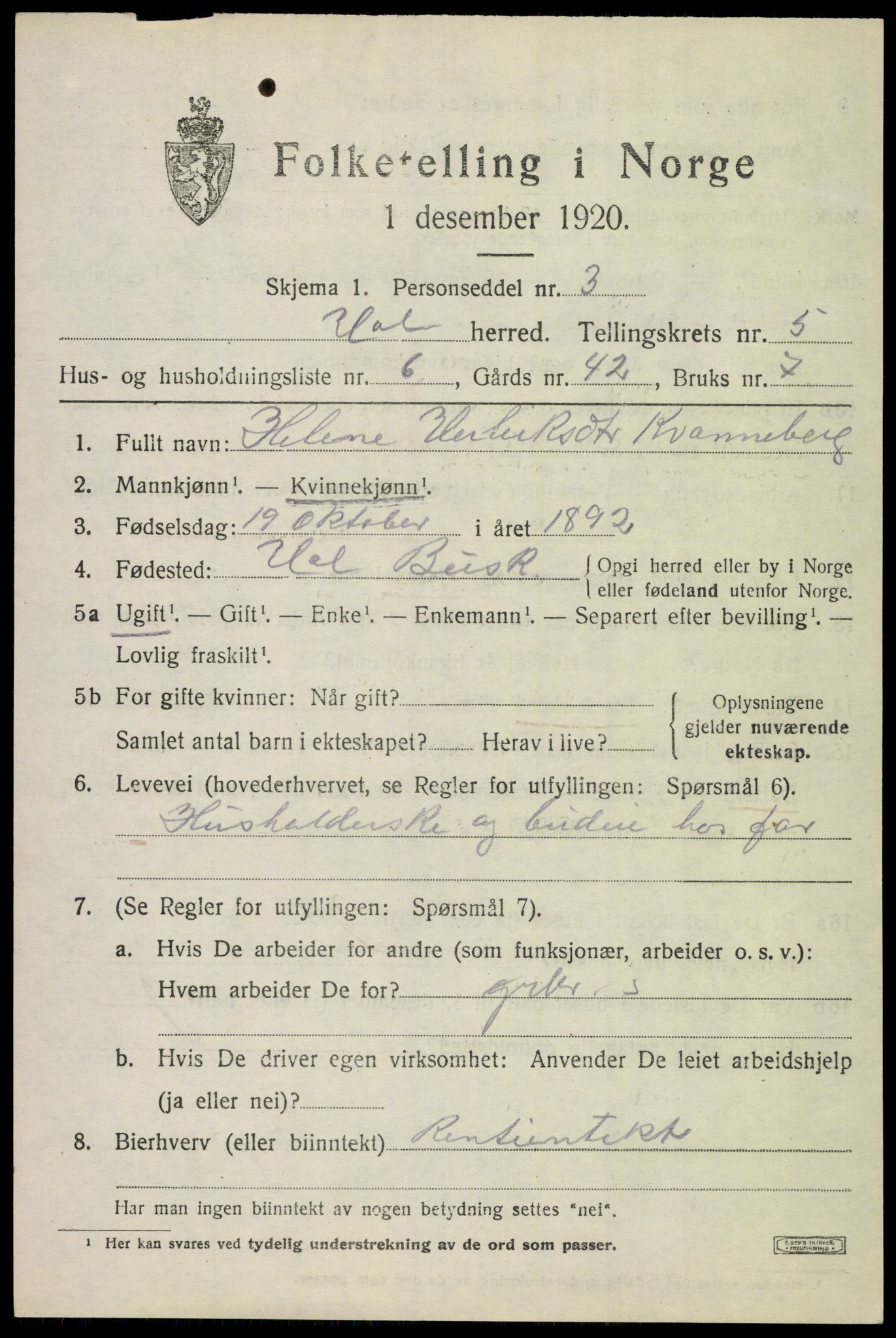 SAKO, 1920 census for Hol (Buskerud), 1920, p. 2819