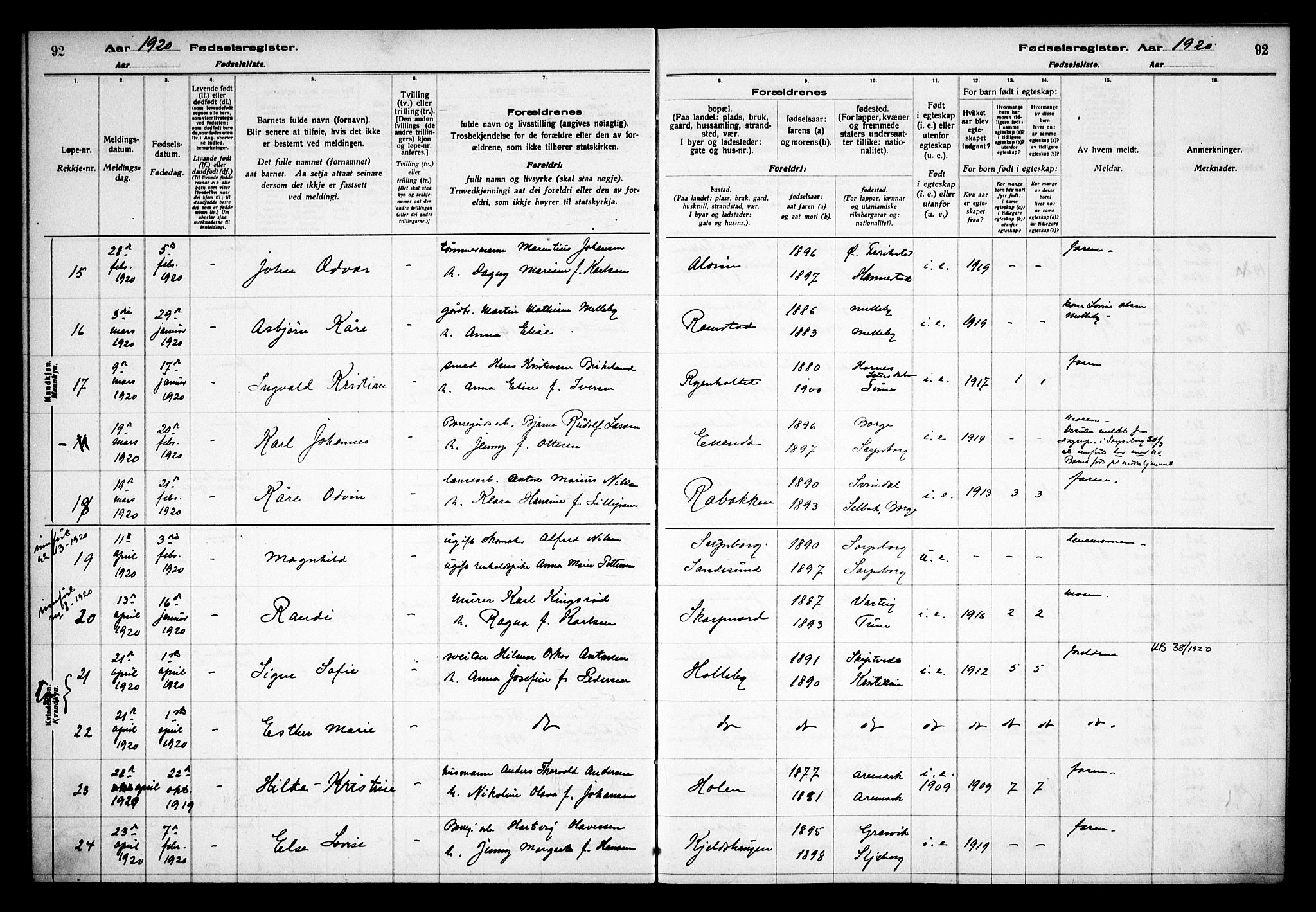 Tune prestekontor Kirkebøker, AV/SAO-A-2007/J/Ja/L0001: Birth register no. I 1, 1916-1928, p. 92