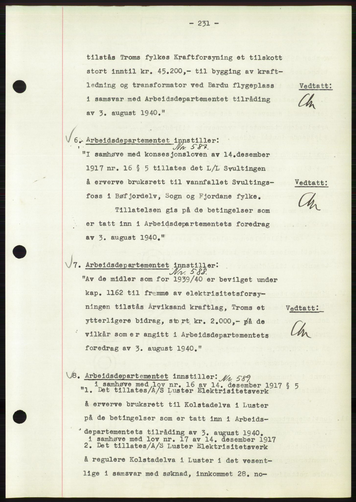 Administrasjonsrådet, AV/RA-S-1004/A/L0002: Vedtaksprotokoll 16/4-25/9, 1940, p. 235