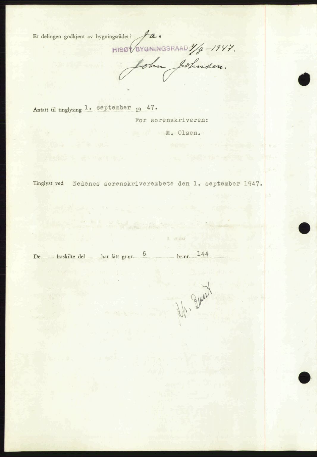 Nedenes sorenskriveri, AV/SAK-1221-0006/G/Gb/Gba/L0058: Mortgage book no. A10, 1947-1948, Diary no: : 1255/1947