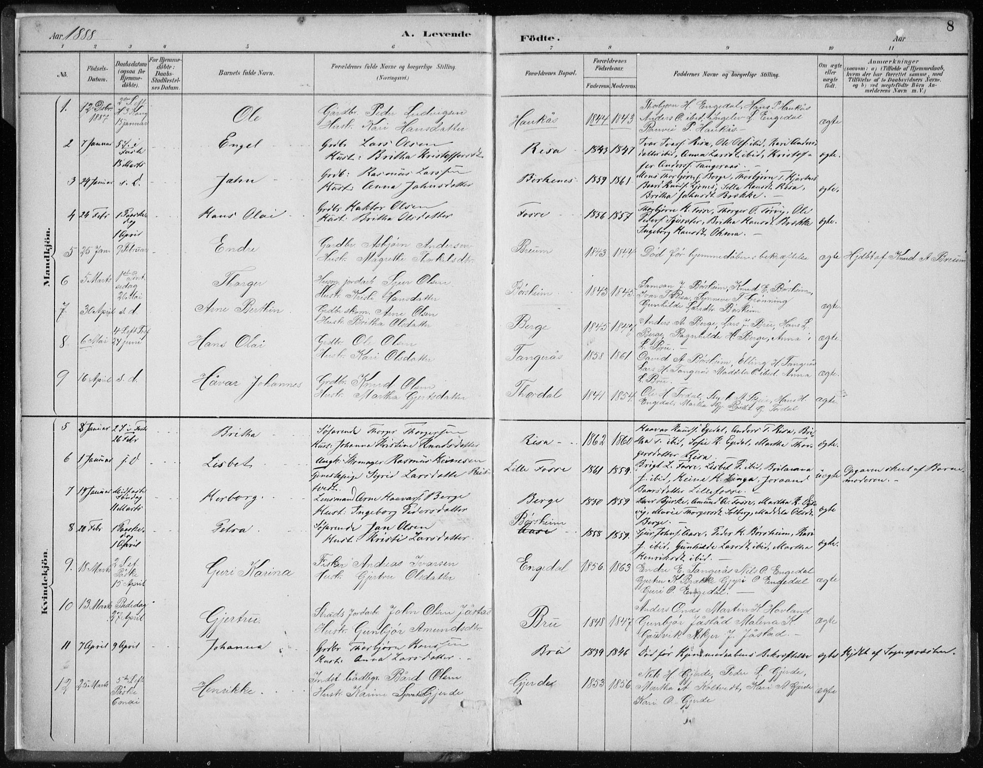 Strandebarm sokneprestembete, AV/SAB-A-78401/H/Haa: Parish register (official) no. B  1, 1886-1908, p. 8