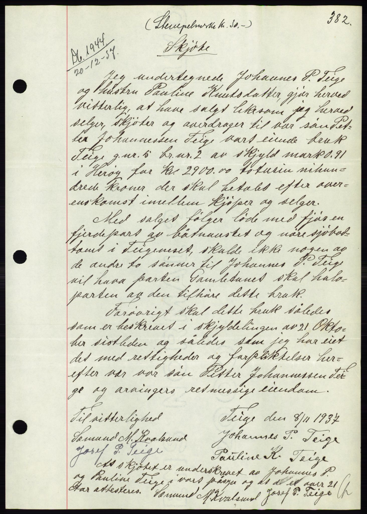 Søre Sunnmøre sorenskriveri, AV/SAT-A-4122/1/2/2C/L0064: Mortgage book no. 58, 1937-1938, Diary no: : 1944/1937