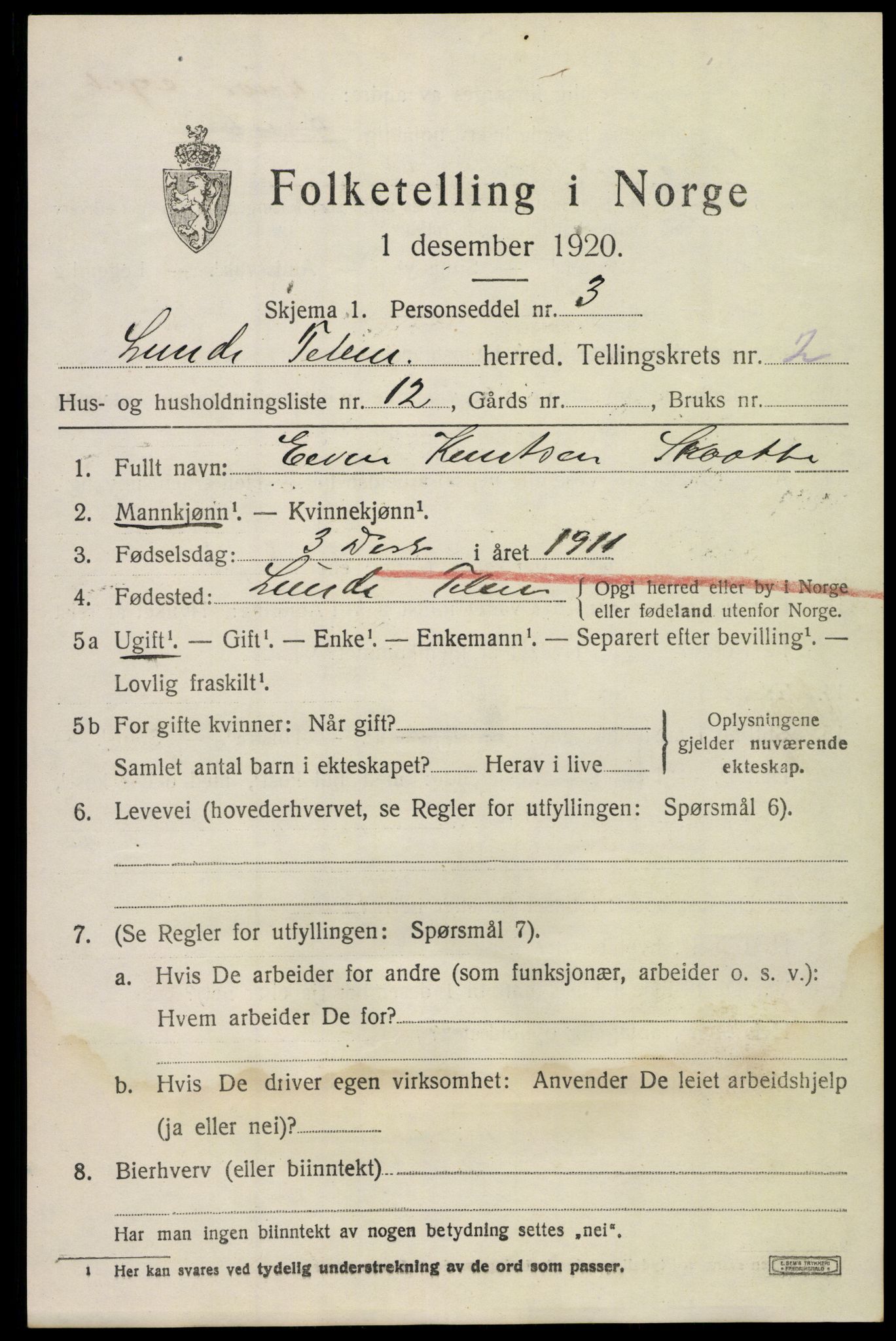 SAKO, 1920 census for Lunde, 1920, p. 1723