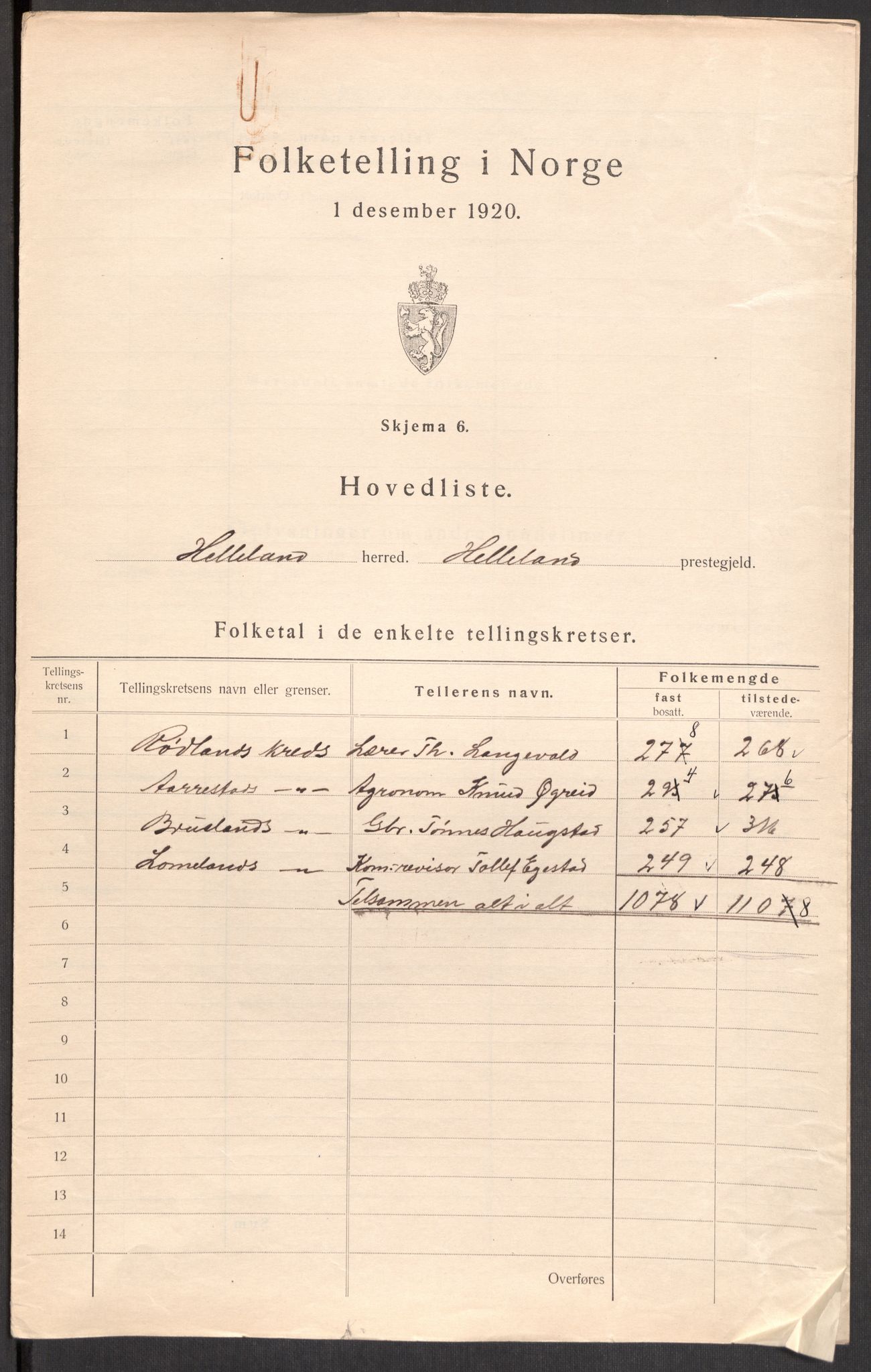 SAST, 1920 census for Helleland, 1920, p. 10