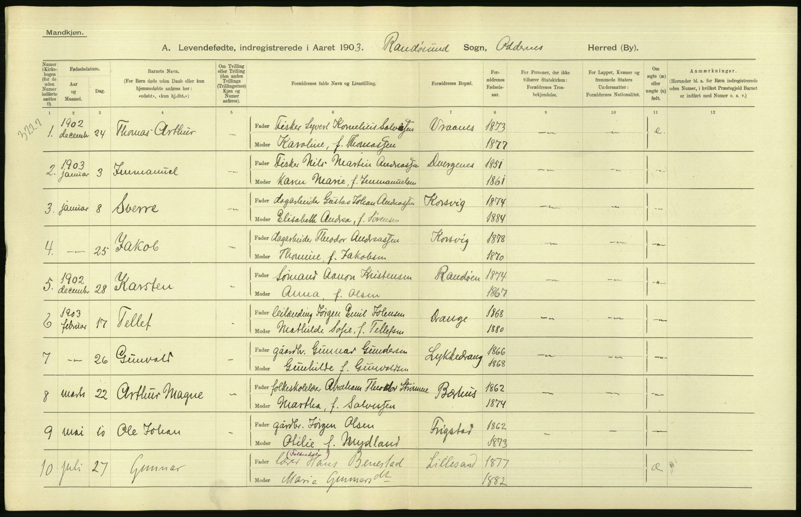 Statistisk sentralbyrå, Sosiodemografiske emner, Befolkning, AV/RA-S-2228/D/Df/Dfa/Dfaa/L0011: Lister og Mandal amt: Fødte, gifte, døde, 1903, p. 198