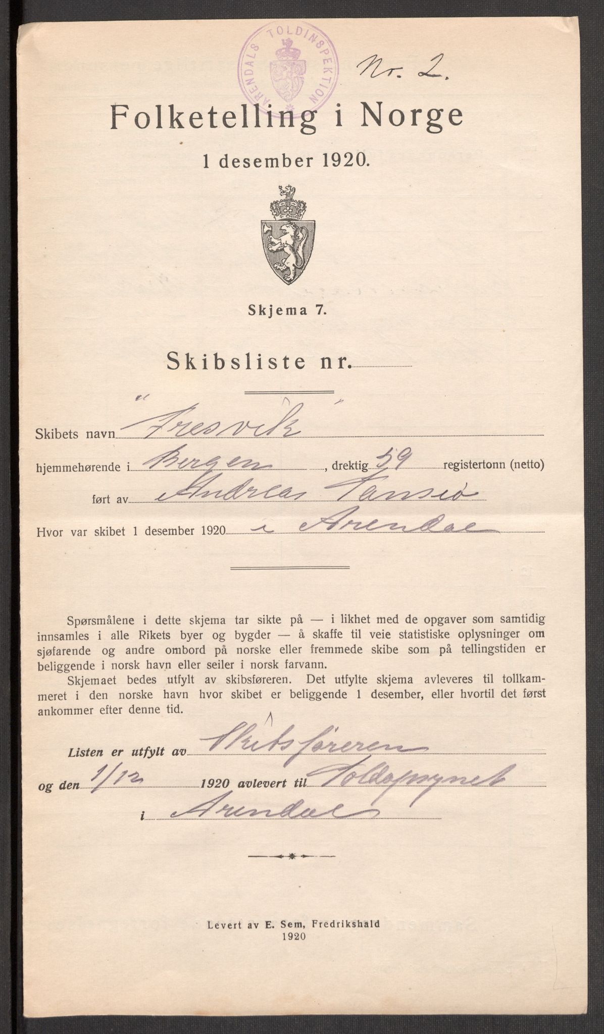 SAK, 1920 census for Arendal, 1920, p. 30315