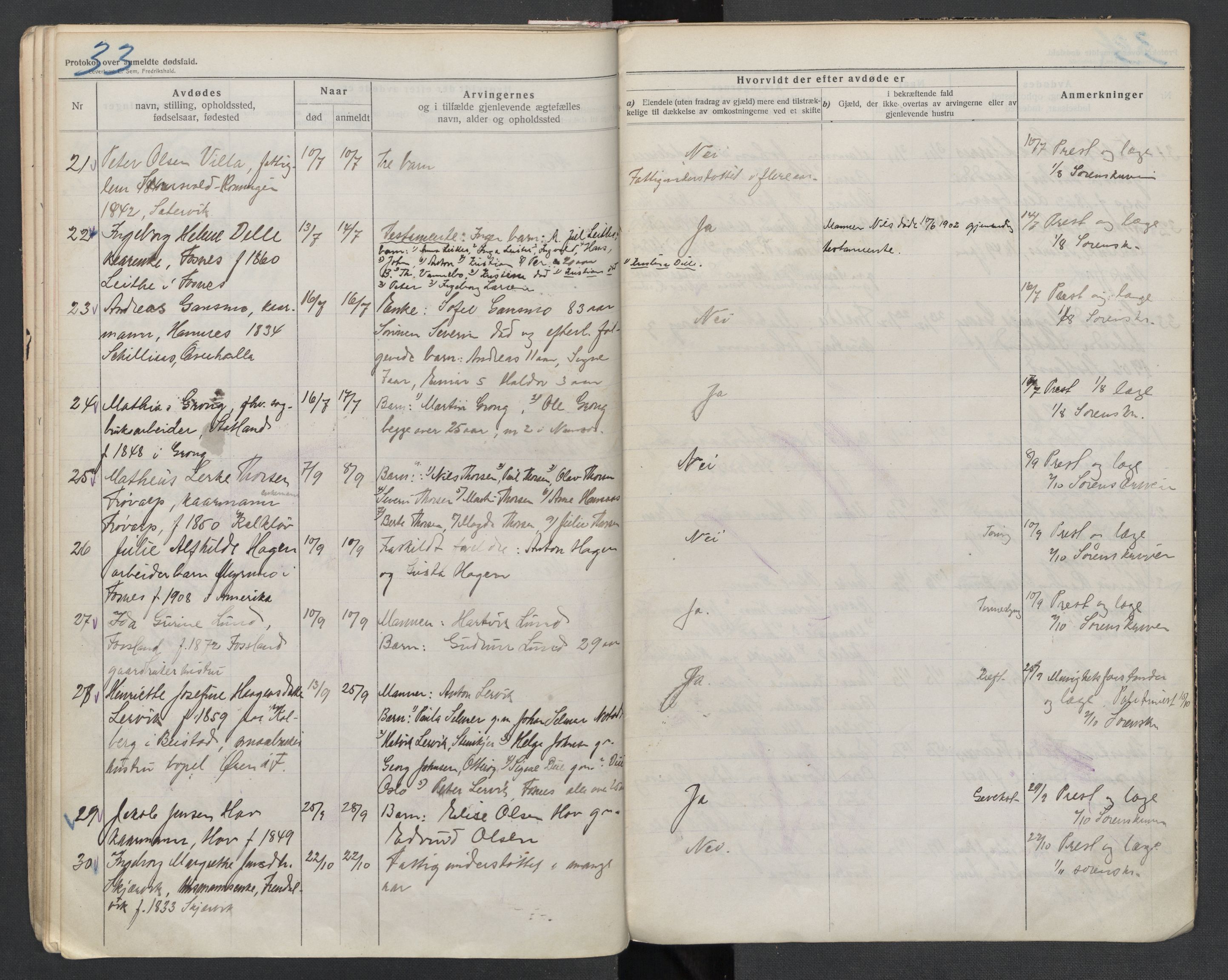 Fosnes lensmannskontor , AV/SAT-A-1022/1/02/L0003: 2.01.03 Dødsfallsprotokoll for Fosnes lensmannsdistrikt, 1916-1930, p. 33