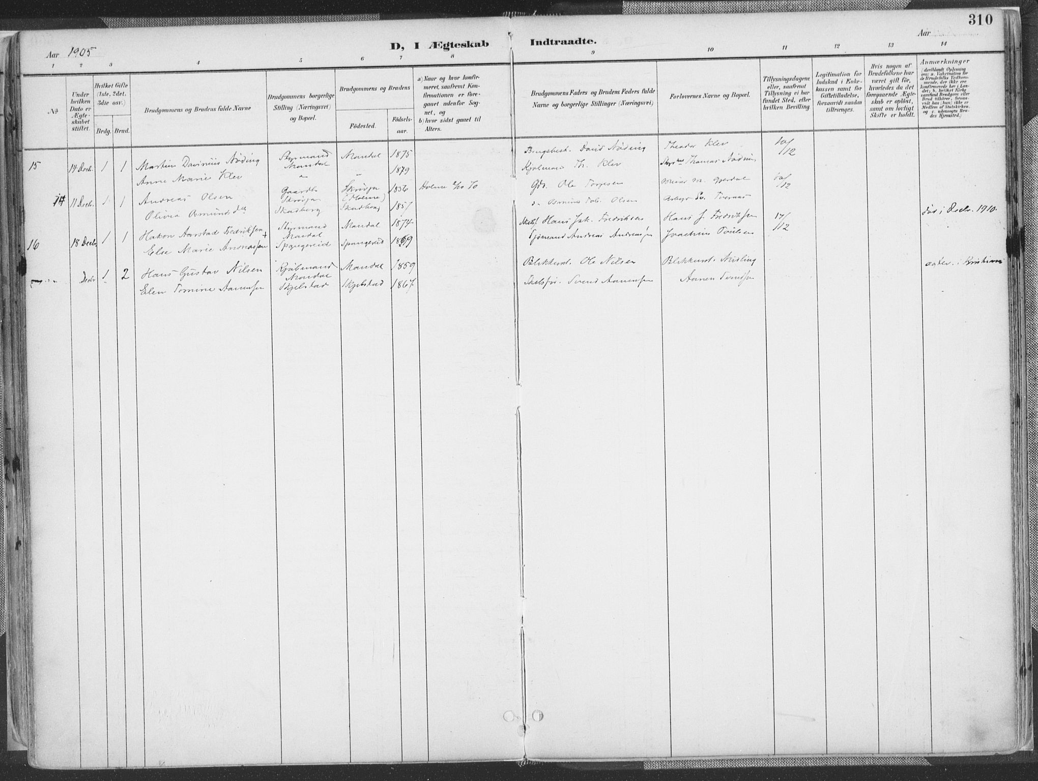 Mandal sokneprestkontor, AV/SAK-1111-0030/F/Fa/Faa/L0018: Parish register (official) no. A 18, 1890-1905, p. 310