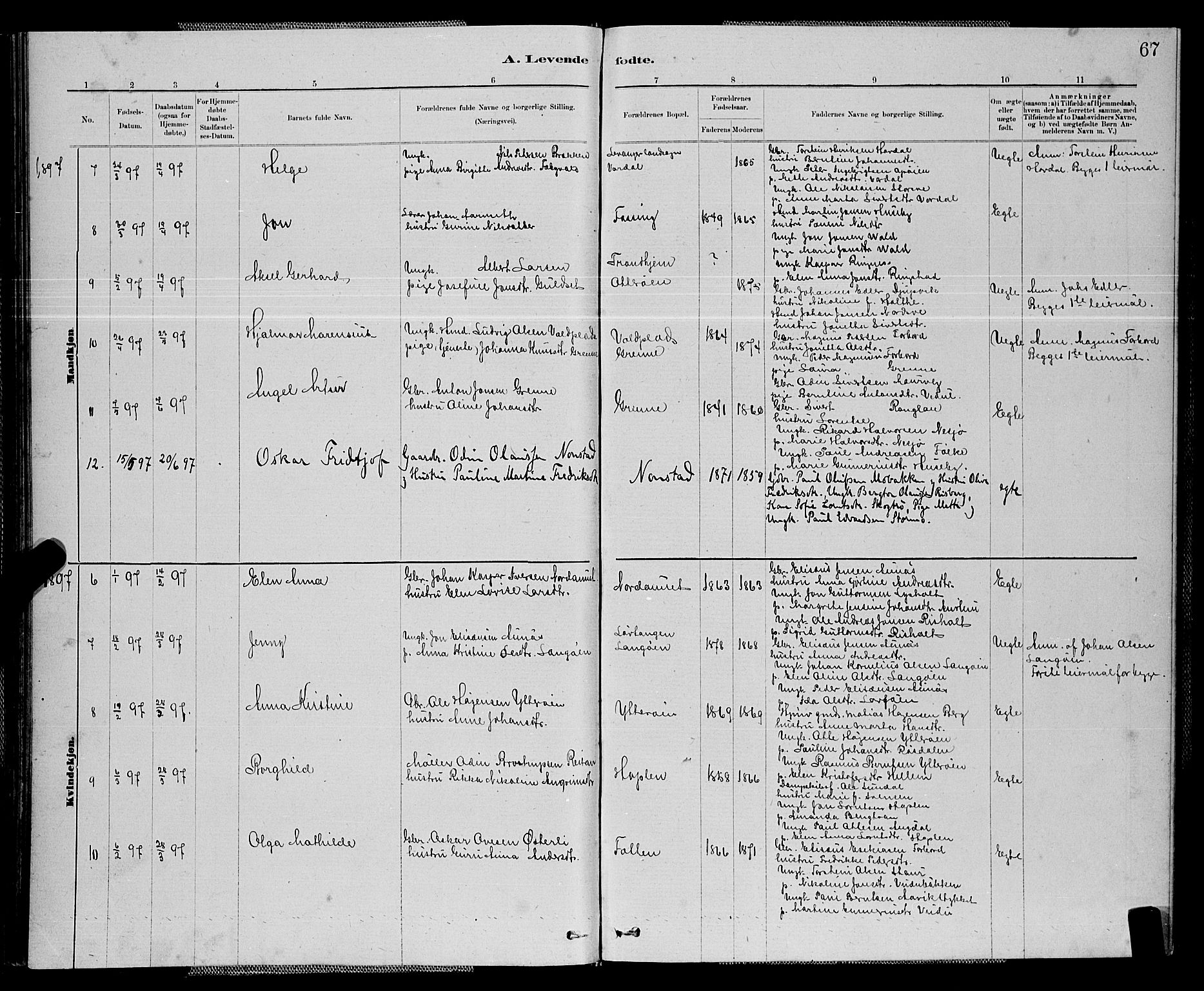 Ministerialprotokoller, klokkerbøker og fødselsregistre - Nord-Trøndelag, SAT/A-1458/714/L0134: Parish register (copy) no. 714C03, 1878-1898, p. 67