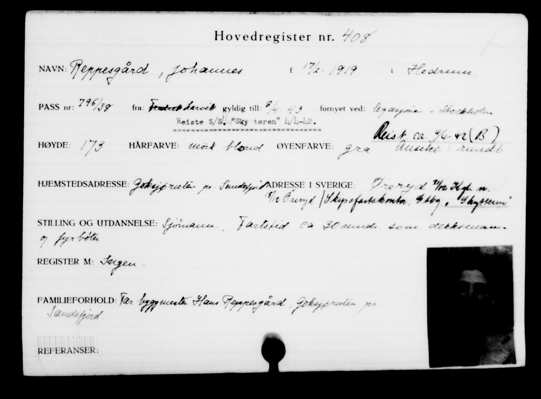 Utenriksstasjonene, Legasjonen i Stockholm, Flyktningkontoret, AV/RA-S-6753/V/Va/L0001: Kjesäterkartoteket, flyktninger med registreringsnr. 1-1000, 1940-1945, p. 641