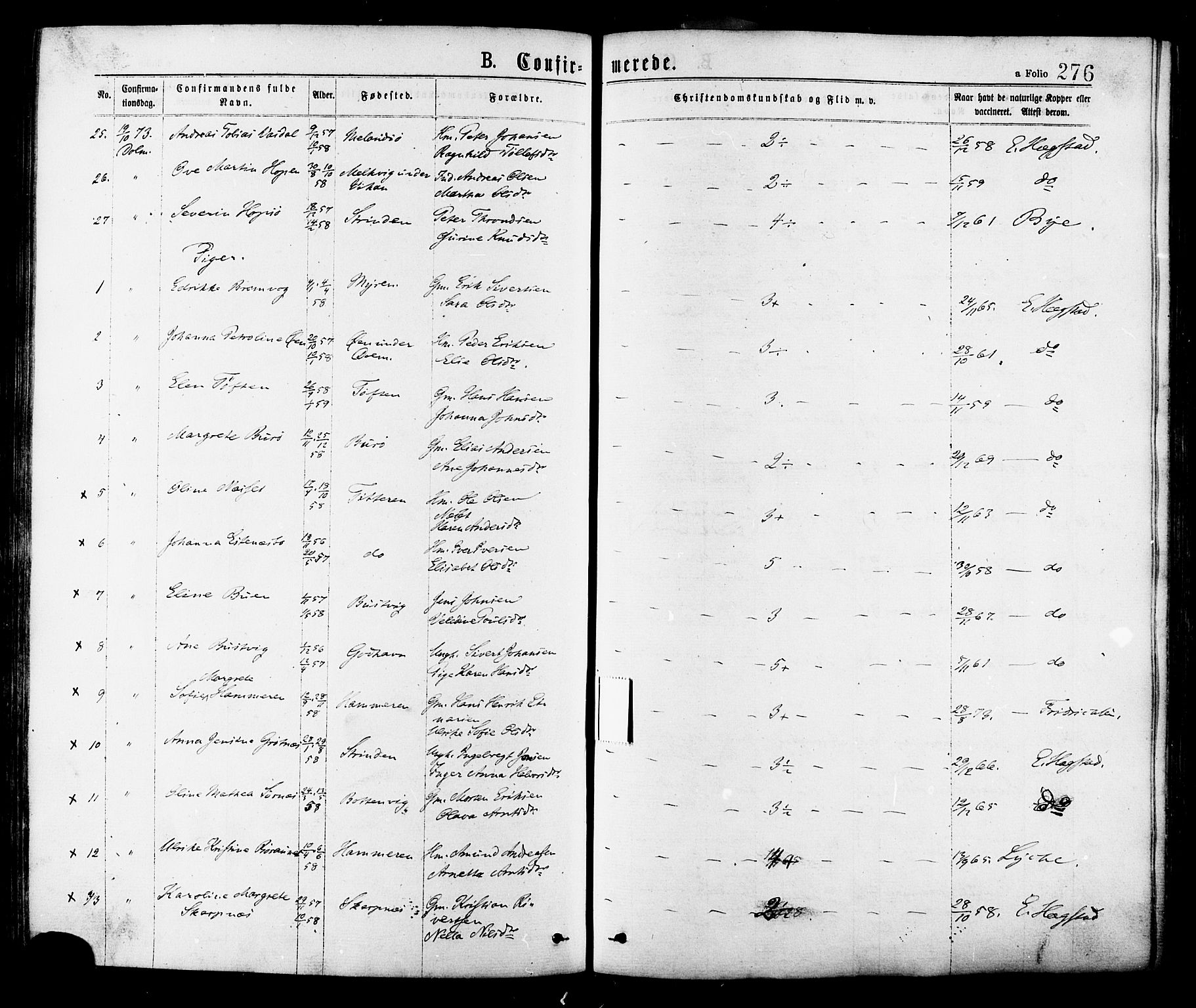 Ministerialprotokoller, klokkerbøker og fødselsregistre - Sør-Trøndelag, SAT/A-1456/634/L0532: Parish register (official) no. 634A08, 1871-1881, p. 276