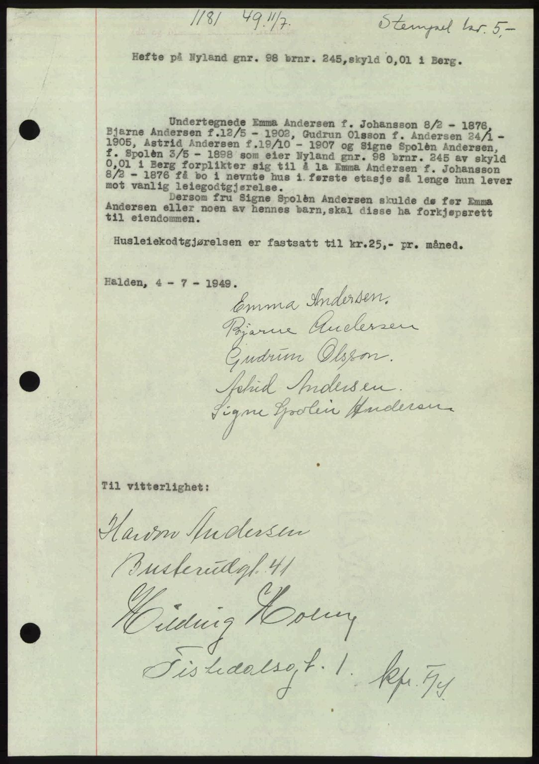 Idd og Marker sorenskriveri, AV/SAO-A-10283/G/Gb/Gbb/L0012: Mortgage book no. A12, 1949-1949, Diary no: : 1181/1949