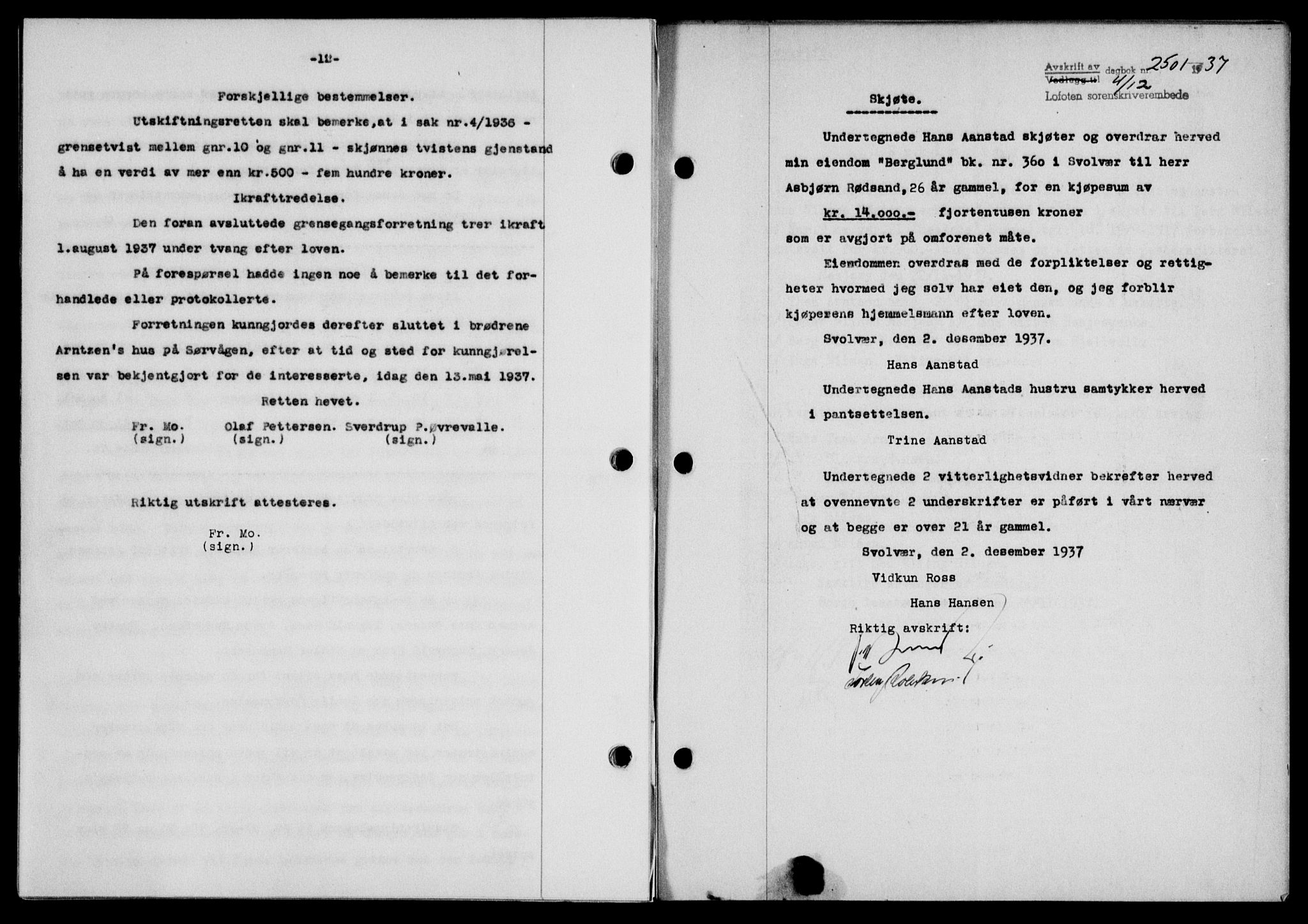 Lofoten sorenskriveri, SAT/A-0017/1/2/2C/L0003a: Mortgage book no. 3a, 1937-1938, Diary no: : 2501/1937