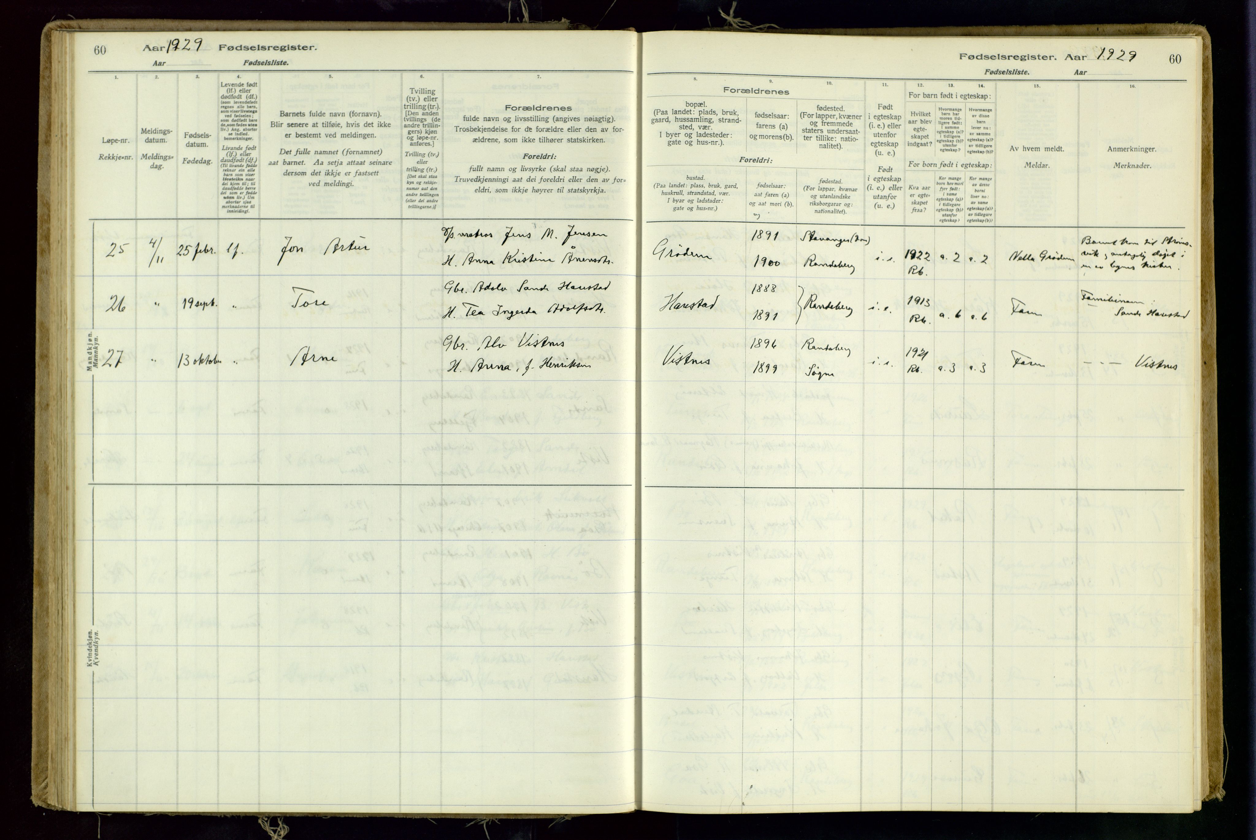 Hetland sokneprestkontor, SAST/A-101826/70/704BA/L0001: Birth register no. 1, 1916-1954, p. 60