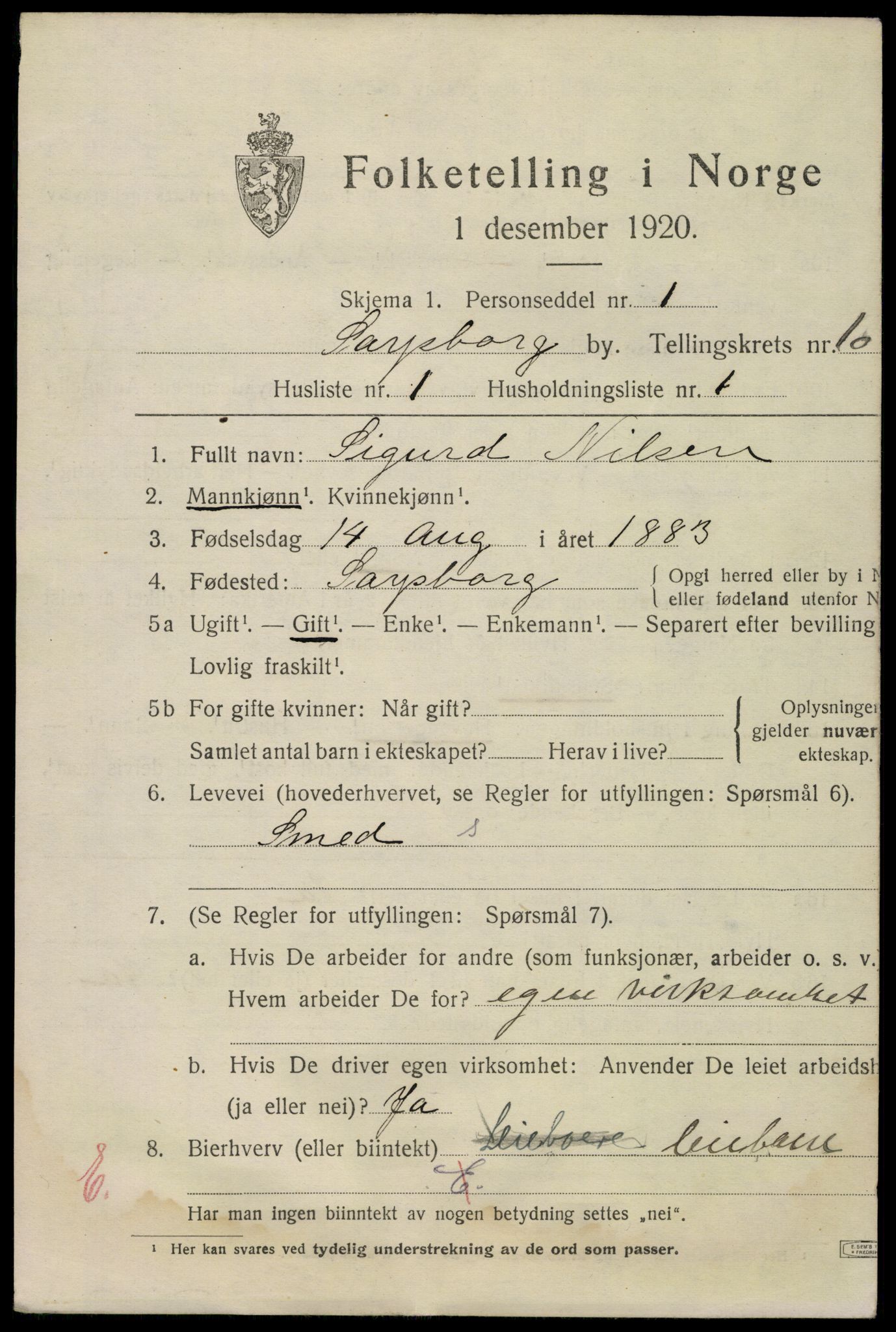SAO, 1920 census for Sarpsborg, 1920, p. 20738