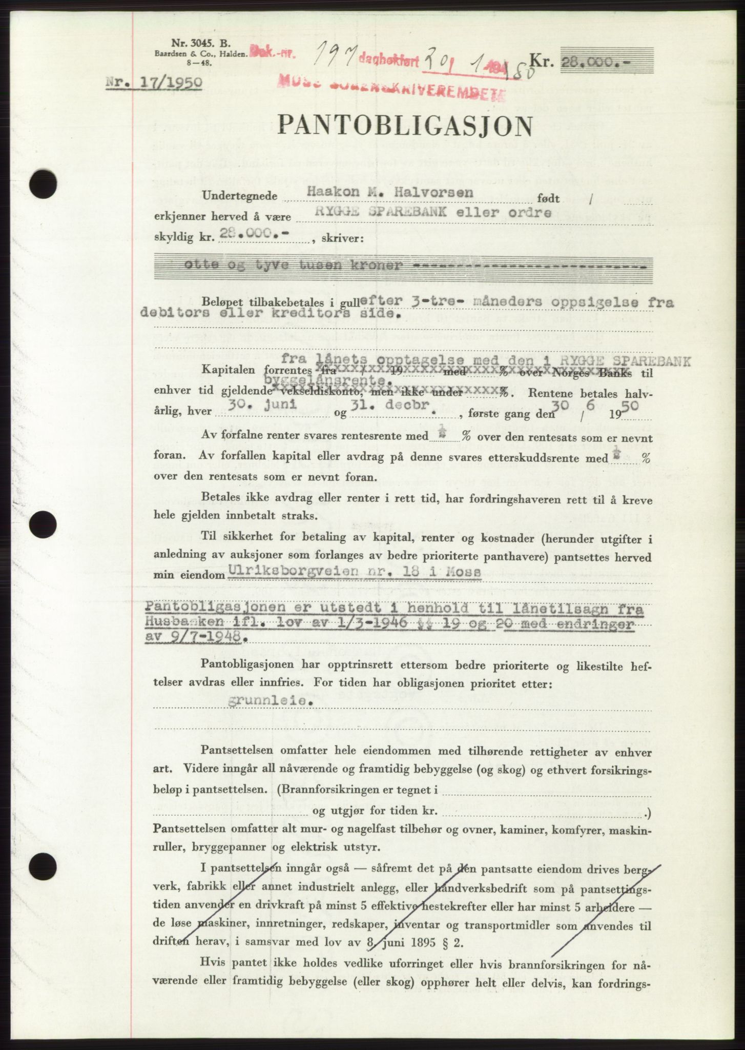 Moss sorenskriveri, SAO/A-10168: Mortgage book no. B23, 1949-1950, Diary no: : 197/1950