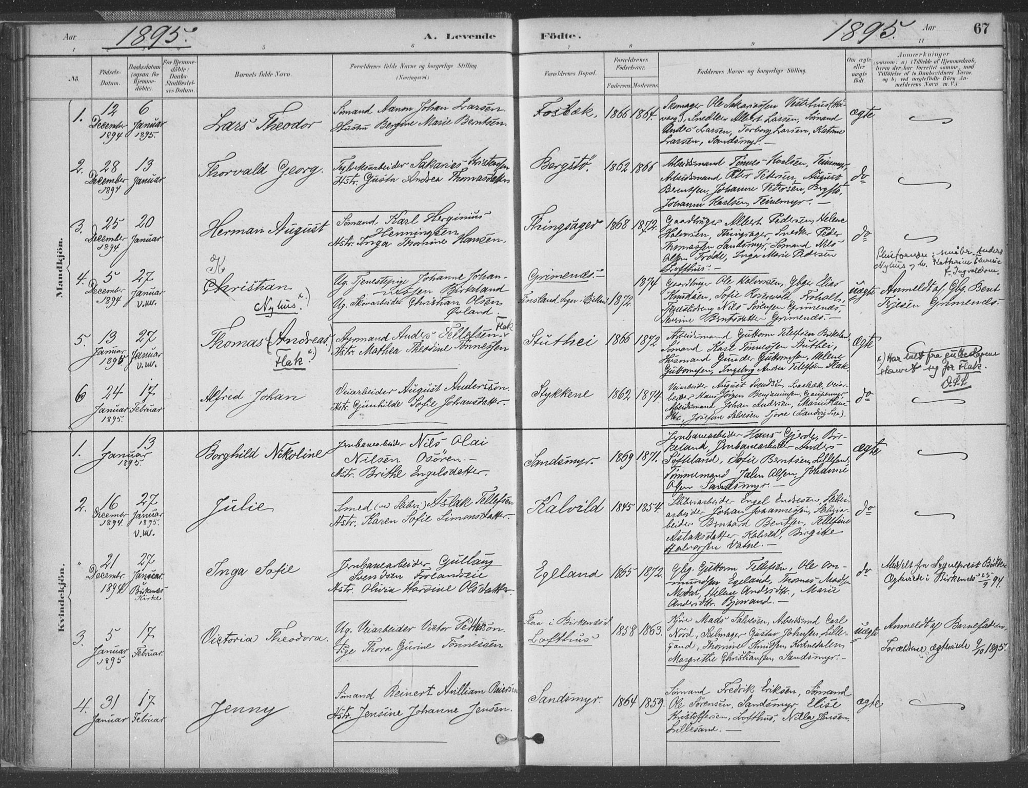 Vestre Moland sokneprestkontor, AV/SAK-1111-0046/F/Fa/Fab/L0009: Parish register (official) no. A 9, 1884-1899, p. 67