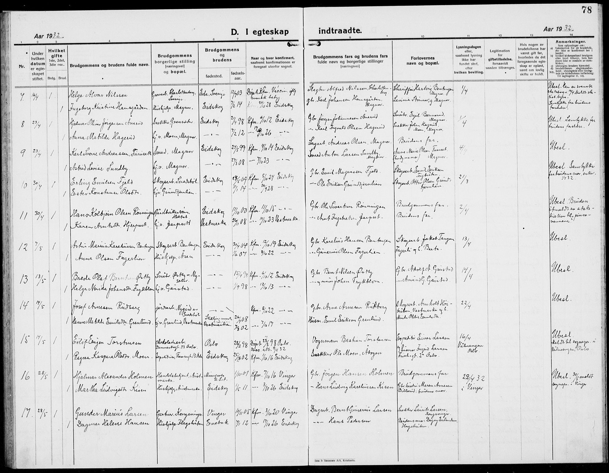Eidskog prestekontor, AV/SAH-PREST-026/H/Ha/Hab/L0007: Parish register (copy) no. 7, 1925-1938, p. 78