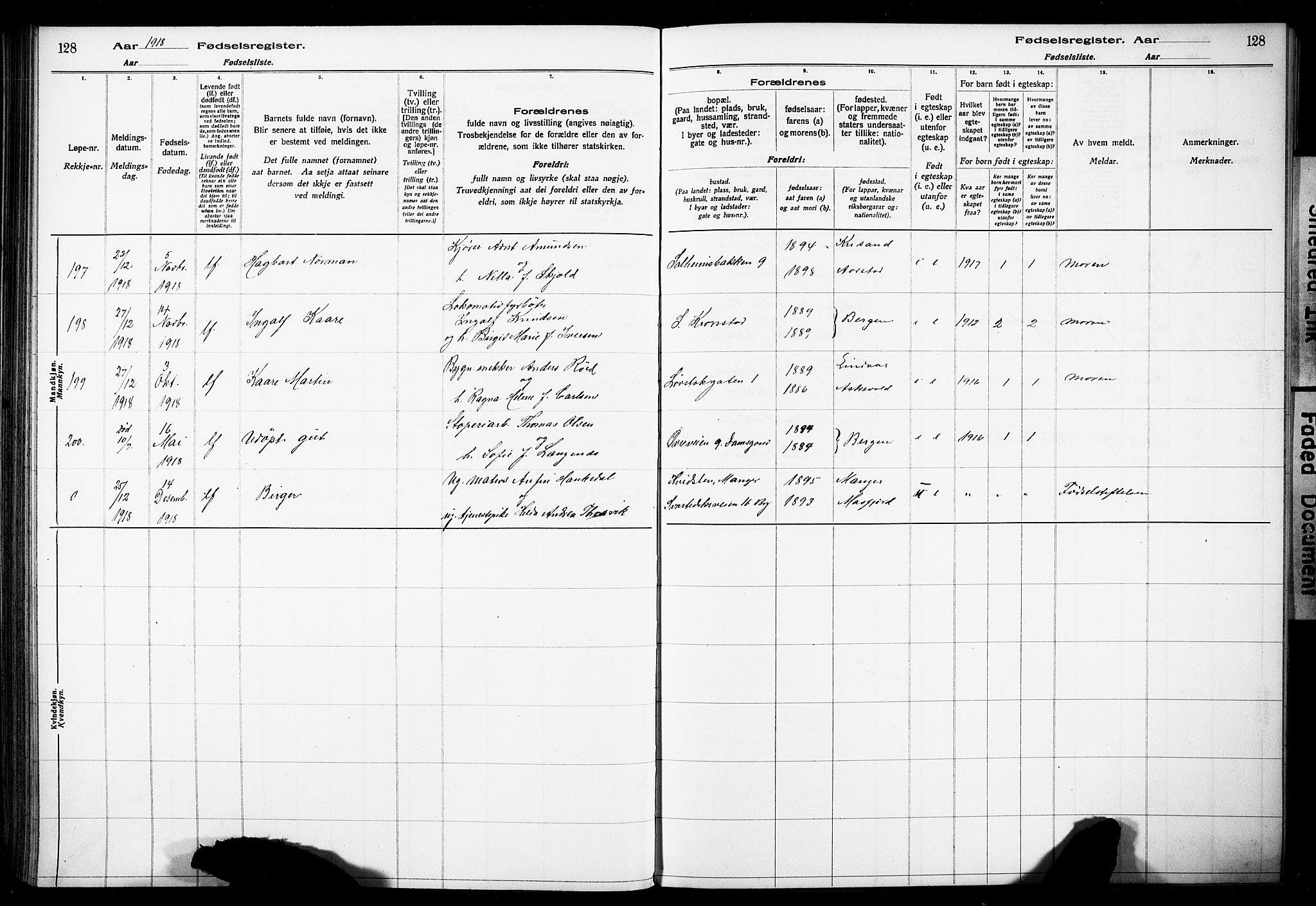 Årstad Sokneprestembete, AV/SAB-A-79301/I/Id/L0A01: Birth register no. A 1, 1916-1920, p. 128